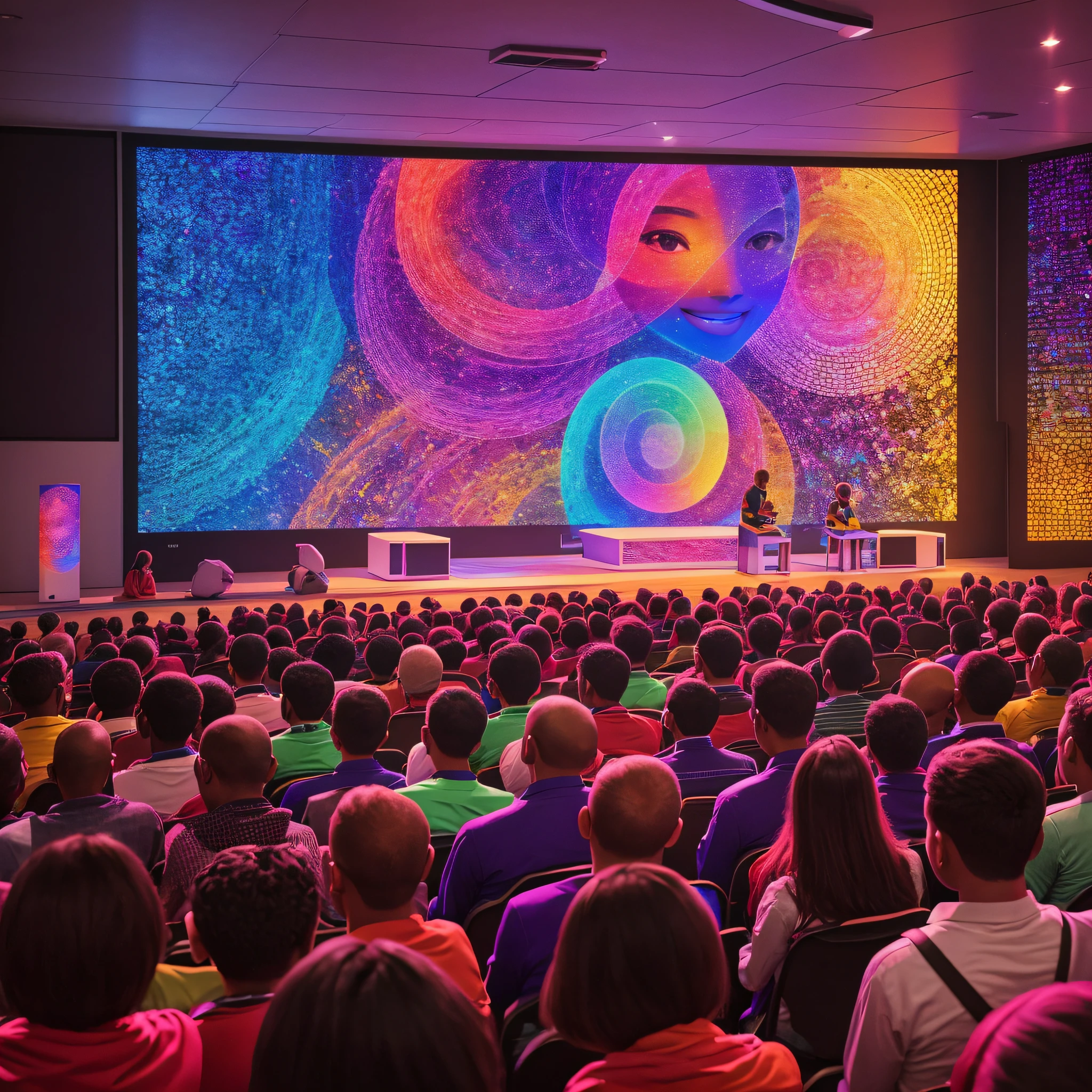 Lecture, exciting, animated speaker, lots of people, instagram colors, unsaturated, led screen, ExpoMais, low light, realistic smiles on the face --auto --s2