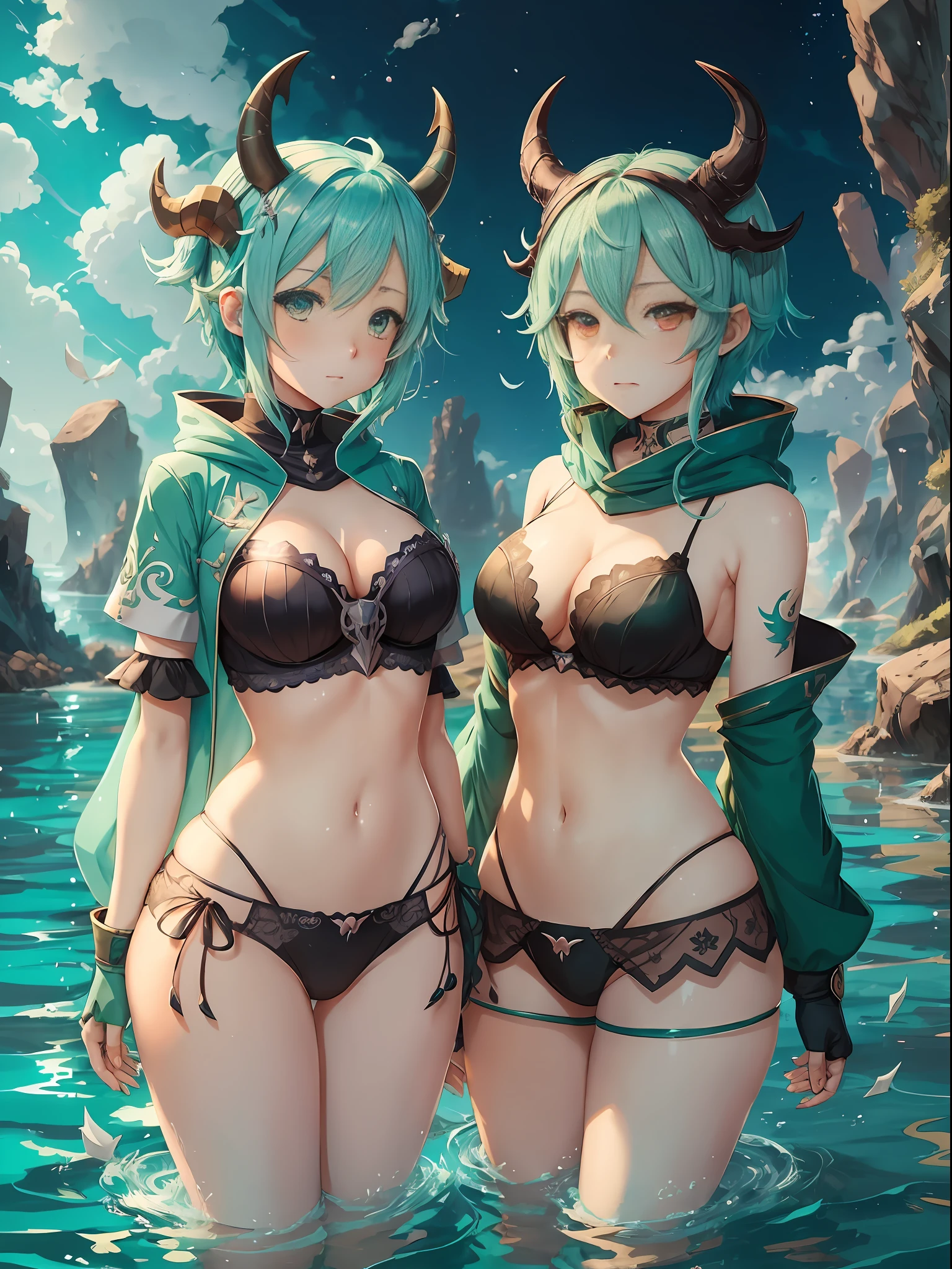 Anime characters with horns and horns on their heads, detailed anime character art, popular on ArtStation pixiv, girl design horns, Genshin impact characters, Anime character art, Anime girls with blue-green hair, sky blue, delicate hair, Genshin, short hair, water clear is shallow, water green is deep, water black is abyss, hood, sexy, underwear, three views --auto --s2