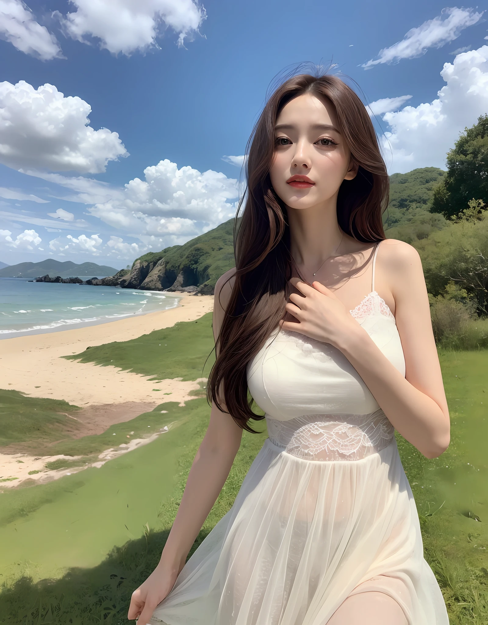 (Daytime, Excellent, 8K, Masterpiece:1.3)), Full body, Long legs, Focal length: 1.2, Perfect Body Beauty: 1.4, Slim Abs: 1.1, ((Dark Brown Hair, Big Breasts: 1.2 )), (White Dress, Standing: 1.2), ((Sea, Blue Sky and White Clouds: 1.3)), Highly detailed facial and skin texture, Delicate eyes, Double eyelids, Flying long hair, cute