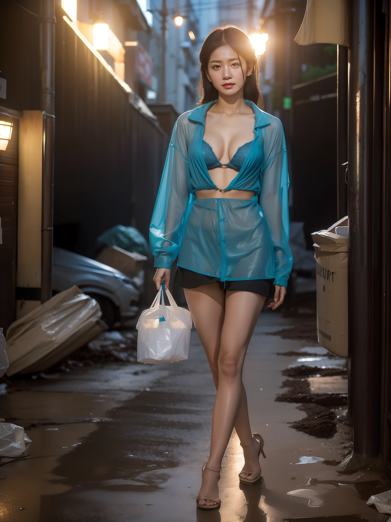 alluring stuning gorgeous posing european drunk homeless sexy business lady weared ((dirty))ripped skirt, (8K, best quality:1.2), (masterpiece:1.37), (photo, photorealistic:1.37), (ultrahigh-res) Plastic raincoat made of garbage bag like light blue underwear, naked directly raincoat, collarbone, exposed, high definition film photo, Japan woman, 8k, hydrangea, heavy rain, street, June, wistful, kinky pose, looking back, ripped blouse, intricate enviroment, intricate texture of skin, food waste, trash, garbage, little dead rat , night, night street lights, carton boxes, cute face, sexual intention, normal legs