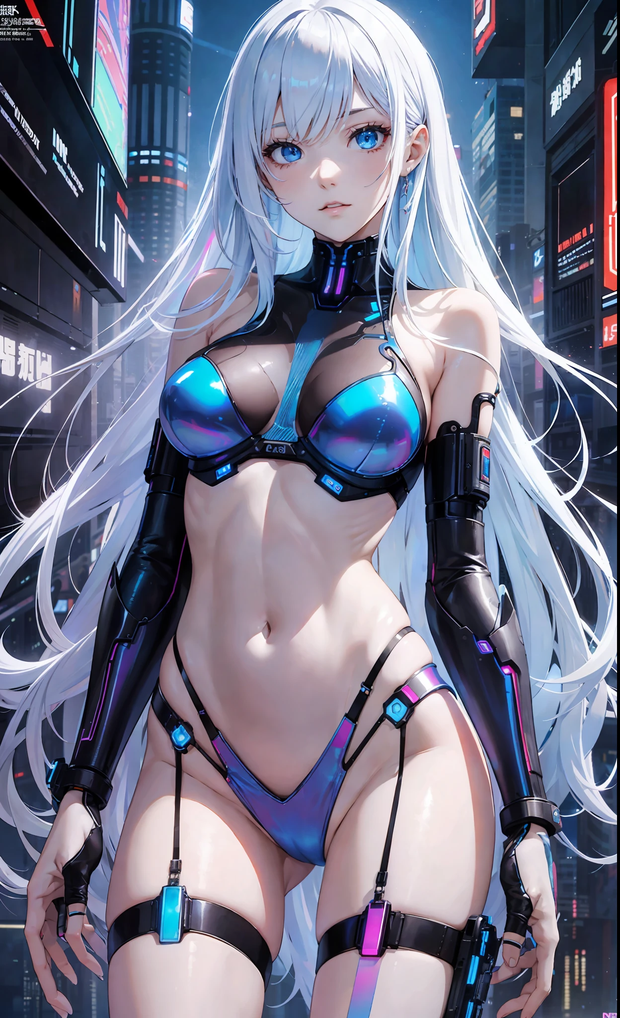 masterpiece, best quality, girls, slender, blue eyes, hair color, iridescent, long hair spreading, white skin, blood vessels on arms and chest, medium breasts, cute, sexy, futuristic, cyberpunk, bikini, skin exposed, night, psychedelic, trip, super colored, paisley theme, open legs, full body --auto --s2