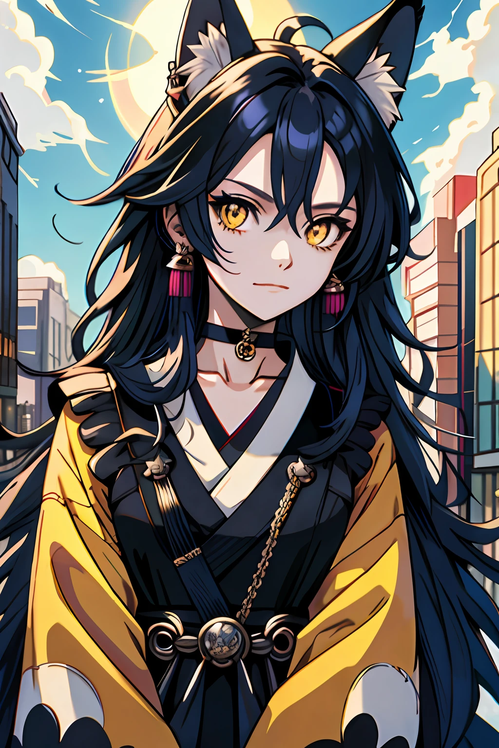 rainbow long hair, Hecate, ahoge, blue black dress, fox ears, yellow eyes, fur collar, upper body, japanese clothes, jewelry, looking at viewer, hair ornament, choker, shy, (masterpiece, top quality, best quality, official art, beautiful and aesthetic:1.2), (1 girl), extreme detailed, colorful, highest detailed, city,street, leaning, wall, sun, cloud,