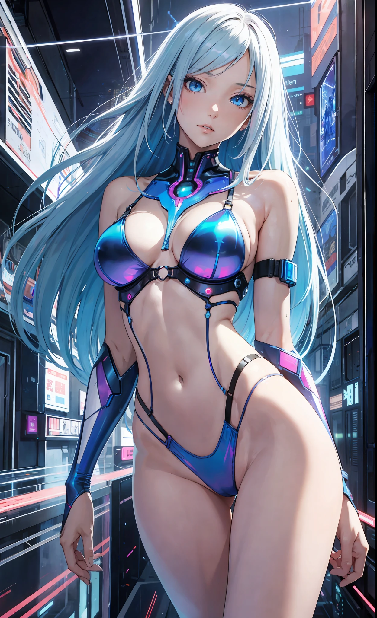masterpiece, best quality, girls, slender, blue eyes, hair color, iridescent, long hair spreading, white skin, blood vessels on arms and chest, medium breasts, cute, sexy, futuristic, cyberpunk, bikini, skin exposed, night, psychedelic, trip, super colored, paisley theme, open legs, full body --auto --s2