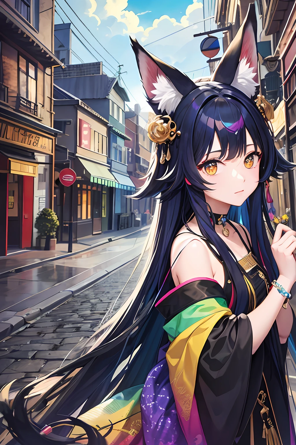 rainbow long hair, Hecate, ahoge, blue black dress, fox ears, yellow eyes, fur collar, upper body, japanese clothes, jewelry, looking at viewer, hair ornament, choker, shy, (masterpiece, top quality, best quality, official art, beautiful and aesthetic:1.2), (1 girl), extreme detailed, colorful, highest detailed, city,street, leaning, wall, sun, cloud,