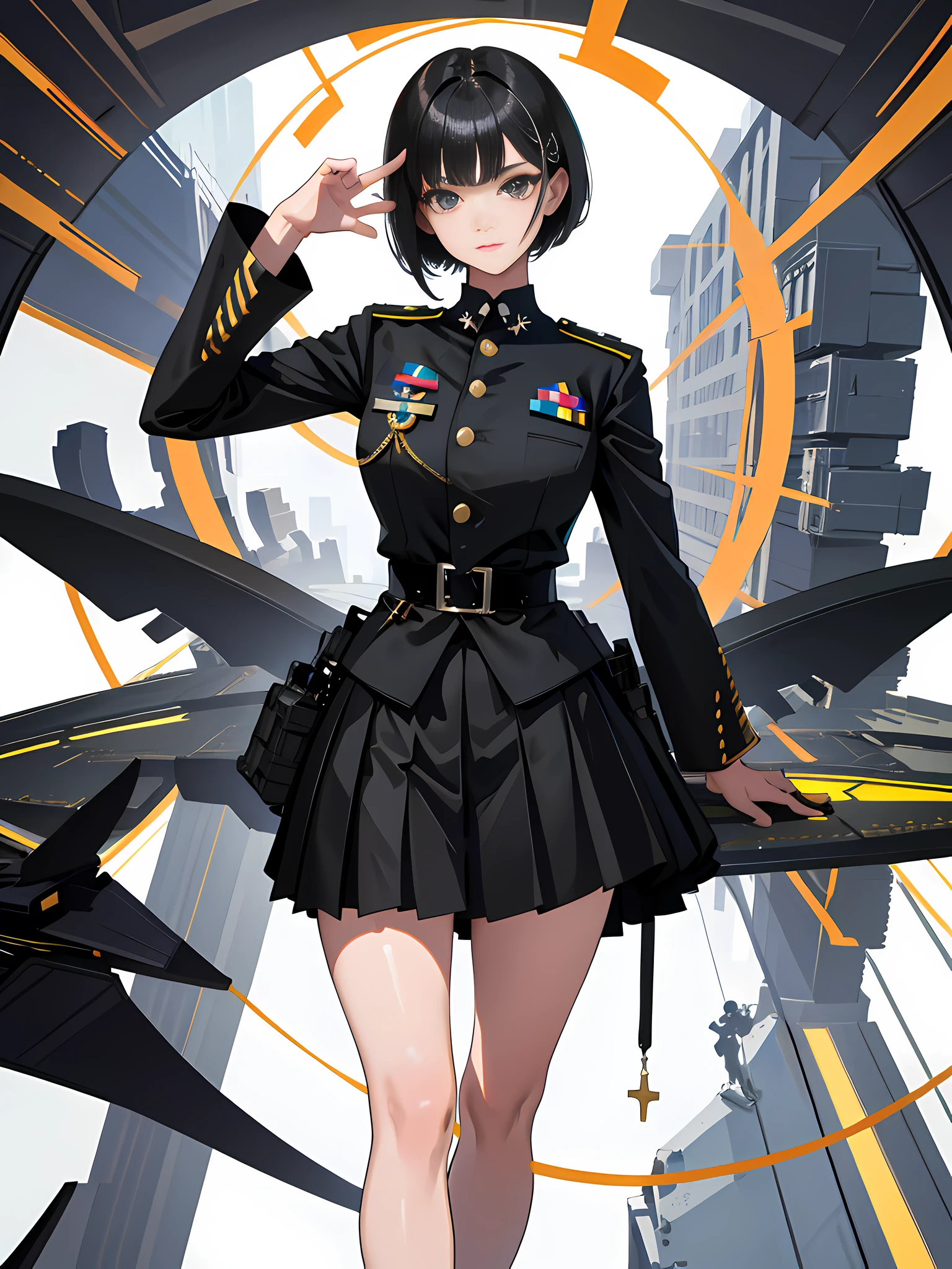 【Best Image Quality, Image Quality】Best Image Quality, High Definition, Semi-Reality, Black Hair Short Haired Woman,, Triple Bang, Black Uniform, Black Pleated Skirt, Military Uniform, Medal, Fine Military Uniform, Beauty, Spaceship, Control Room, Command Room, Commander, Bangs