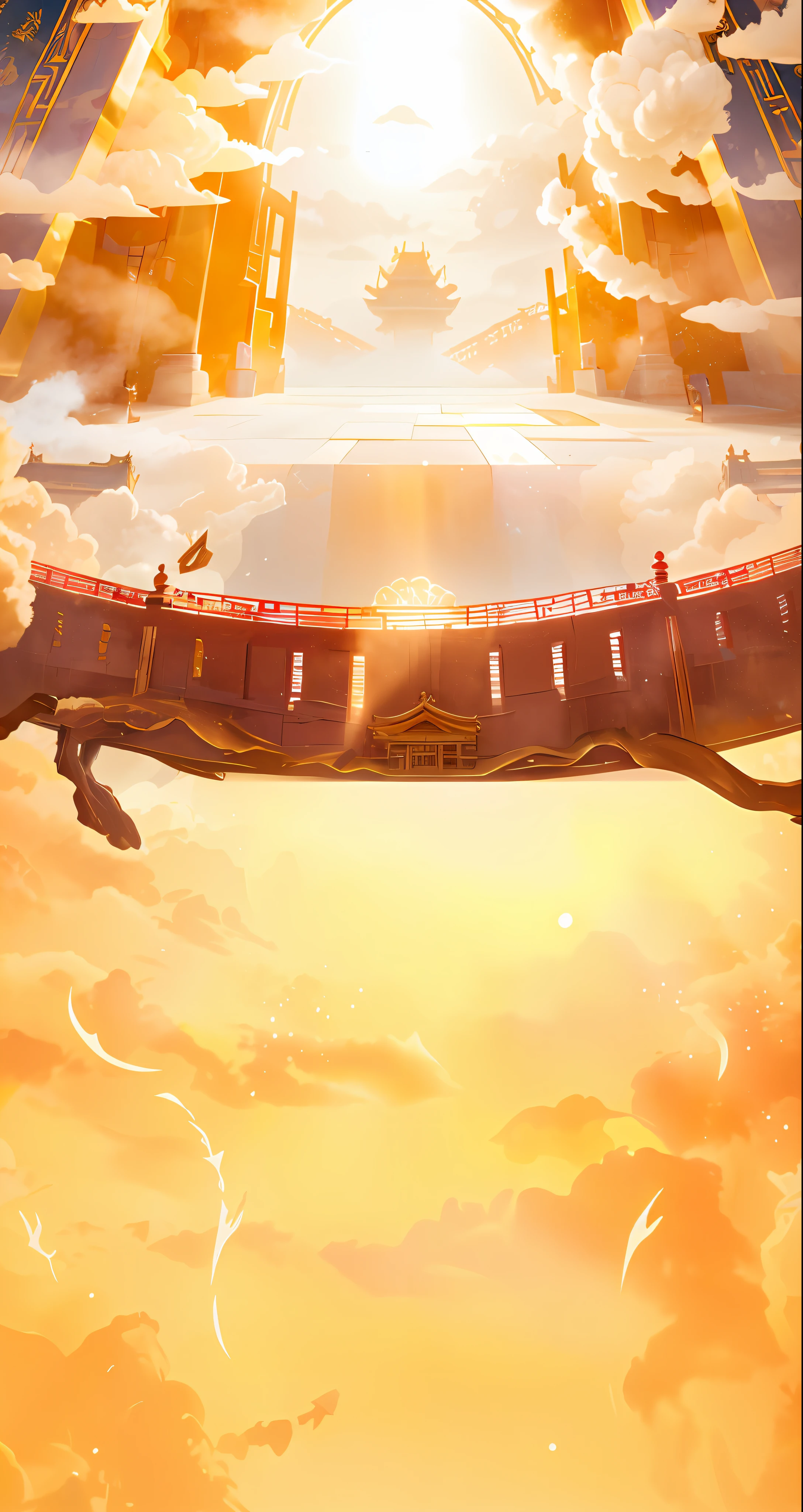 Quality, HD, 4K, fairy clouds, top-down composition, strong perspective impact, the door of a Chinese-style building, open door, emitting golden light, some smoke and dust drifting, background sky, sun