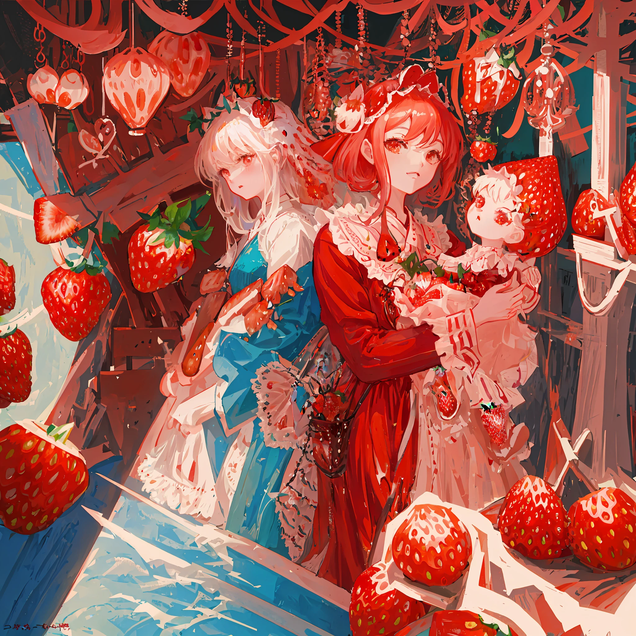 masterpiece, best quality, ultra-detailed,there is a woman in a red dress holding two large strawberries , japanese pop surrealism,japanese popsurrealism, holding a giant strawberry,