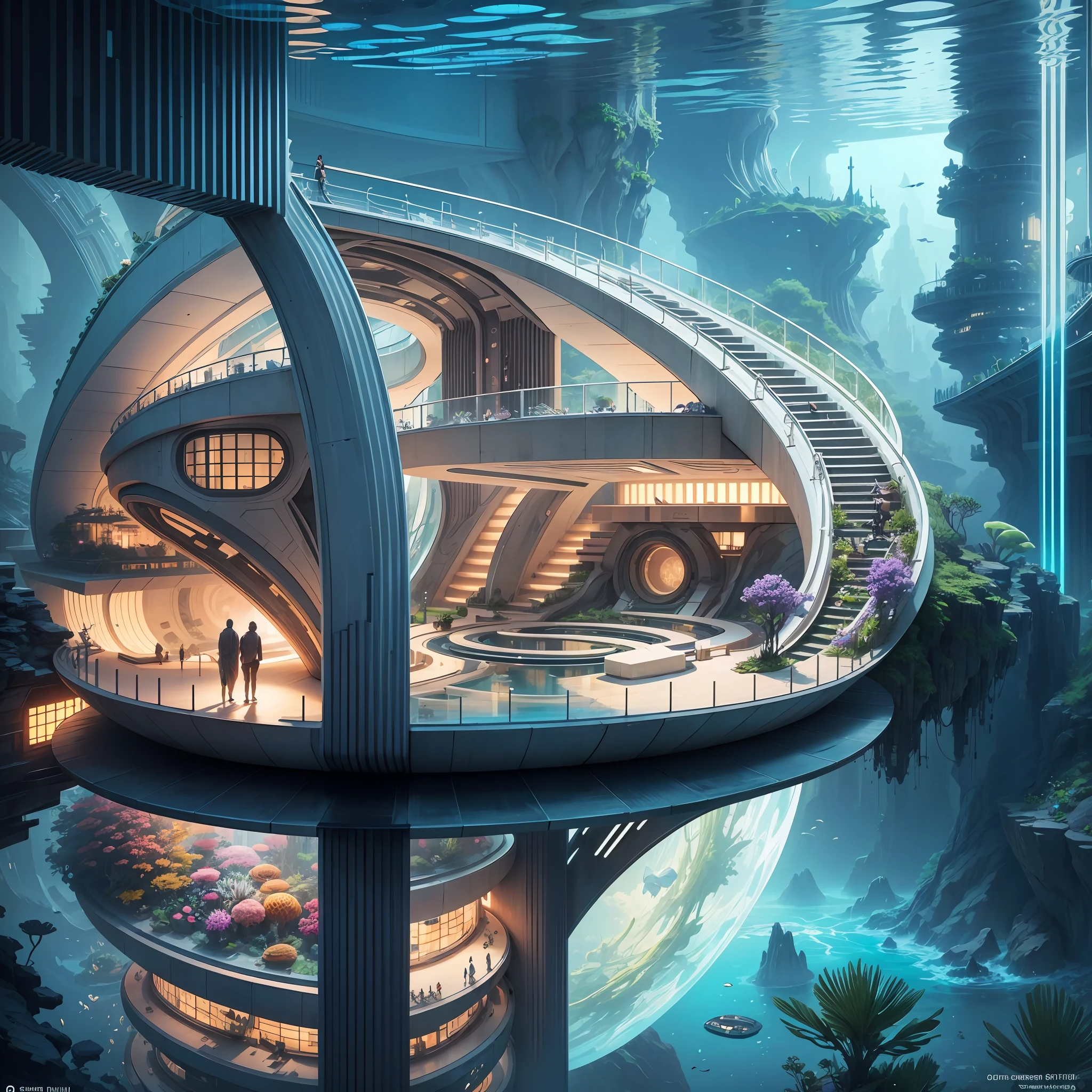 Science Fiction, Cities modern futuristic design large underwater city, futuristic underwater cityscape, a artificial waterfall and a pond with colorful flowers in the middle, nature meets underwater architecture, built inside ocean, realistic beehive architecture, organic underwater architecture, Reality very close to real nature, breathtaking render,city with underwater forest , advanced civilization technology,stunning architecture, luxury architecture, realistic fantasy render, by Zha Shibiao, epic and stunning, architectural visualization, epic architecture, concept art. 8 k --auto --v6 --s2