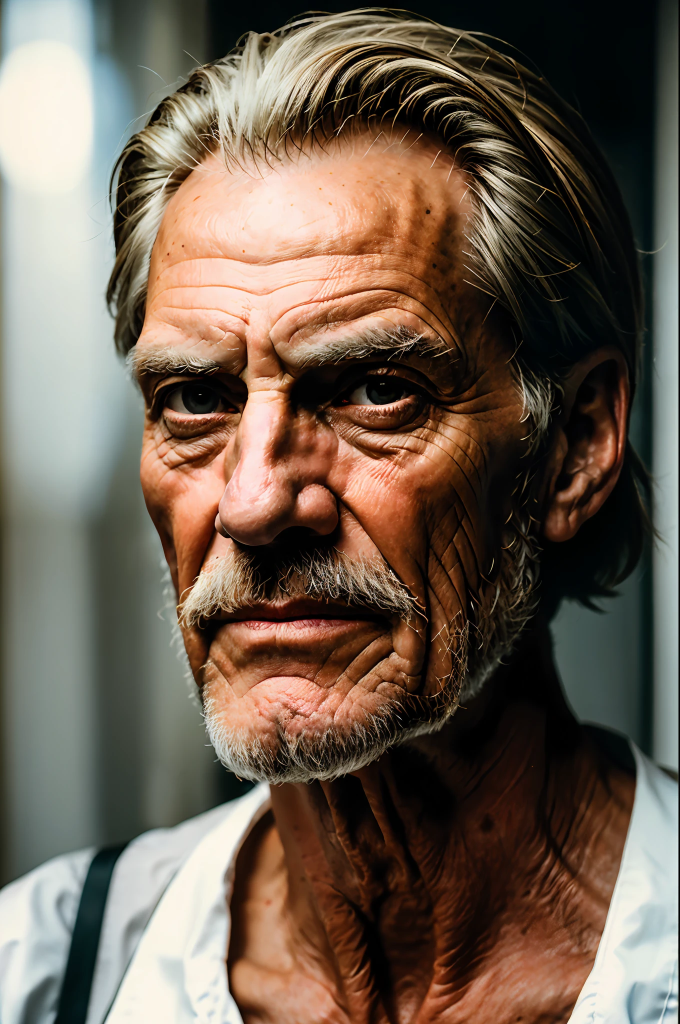 Detailed shot of old european man, 60 years, tall, taken with a Leica M6 and a Leica 75mm F1.25 Noctilux, atmospheric lens, (looking at viewer:1.4)