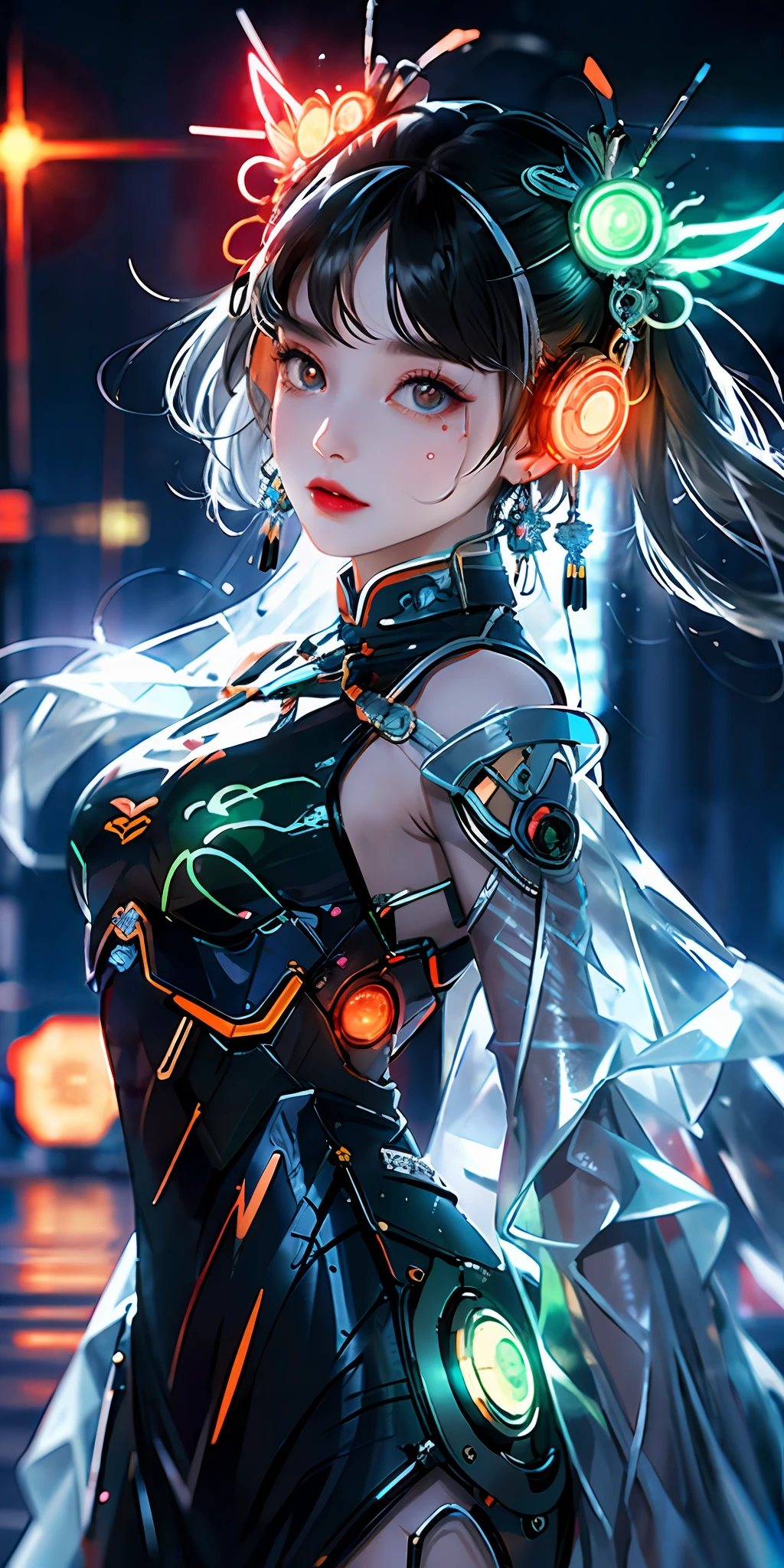 1 girl, Chinese_clothes, liquid silver and orange, cyberhan, cheongsam, cyberpunk city, dynamic pose, detailed luminous headphones, glowing hair accessories, long hair, glowing earrings, glowing necklace, cyberpunk, high-tech city, full of mechanical and futuristic elements, futuristic, technology, glowing neon, orange, orange light, transparent tulle, transparent streamers, laser, digital background urban sky, big moon, with vehicles, best quality, masterpiece, 8K, character edge light, Super high detail, high quality, the most beautiful woman in human beings, micro smile, face facing front and left and right symmetry, ear decoration, beautiful pupils, light effects, visual data, silver white hair, super detail facial texture