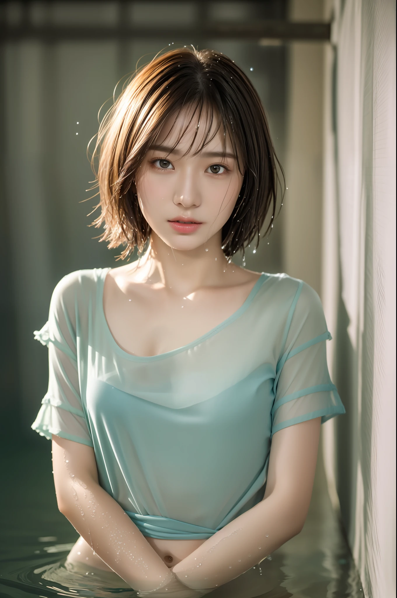 16 year old girl, very thin fabric, men's shirt, no panty, no bra, ((drenched in water)), natural light, top quality, masterpiece, ulzzang-6500-v1.1, (raw photo: 1.2), (photorealistic: 1.4), very delicate and beautiful, very detailed CG, unity, 8k wallpaper, amazing, fine details, masterpiece, top quality, Highly detailed CG Unity 8k wallpaper, absurd, incredibly absurd, huge file size, super detailed, high resolution, highly detailed, beautiful detailed girl, highly detailed eyes and face, beautiful detailed eyes, (RAW photo, highest quality), (realistic, photorealistic: 1.3), light on the face, (((layered haircut, large: 1.2)),