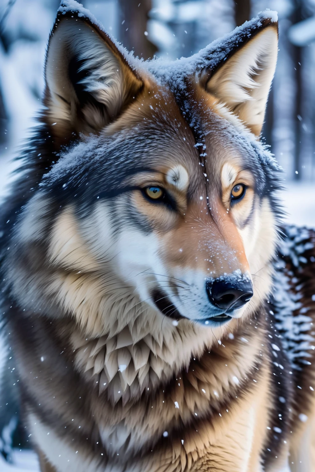 Craftsmanship, excellent quality, high detail, ultra-colorful, National Geographic Society photo with wolf, bared teeth, wild and strong, surrounded by winter forest, snow and ice, powerful and soulful, search for your prey, ready to hunt, frozen air, northern lights, magical views.