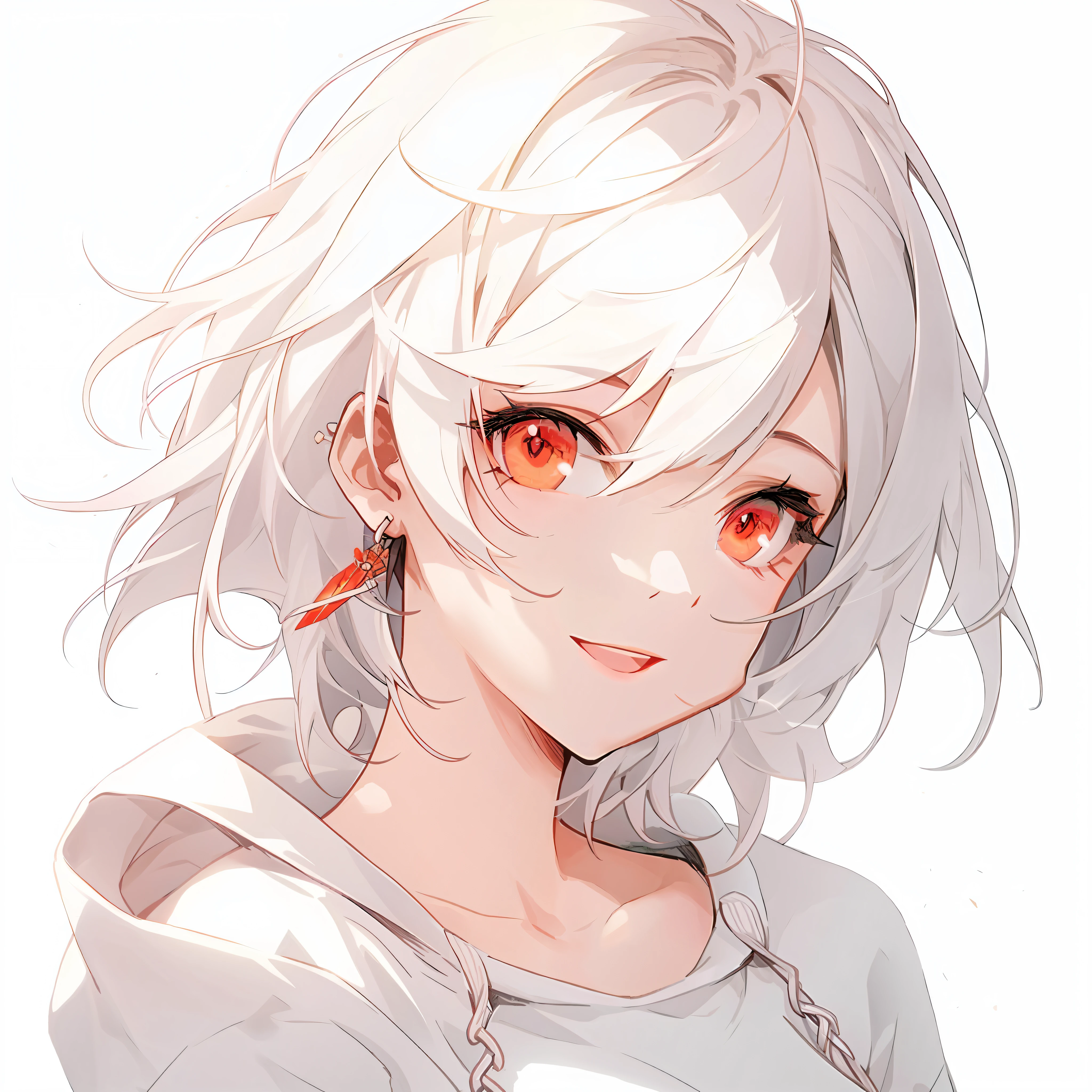 Anime girl with white hair and red eyes, girl with white hair, girl with short white hair, glowing red eyes, cute girl with anime vision, smile