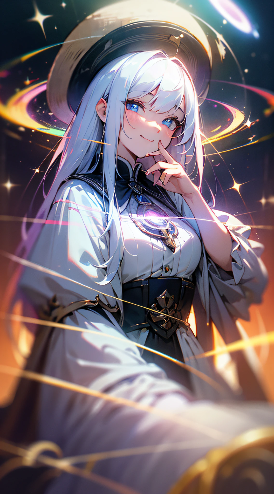 (Masterpiece, best quality), 1 long girl with white hair sitting in a field of greenery and flowers, her hands under her chin, warm lights, white dress, blurry foreground multicolored hair, halo, mismatched pupils, evil smile, surrealism, drop shadow, anaglyph, stereogram, tachi-e, pov, atmospheric perspective, chiaroscuro, depth of field, cinematic lighting, sparkle, glowing light, reflection light, chromatic aberration abuse, cowboy shot, Wide-Angle, 8k, super detail, ccurate, best quality, masterpiece, textured skin