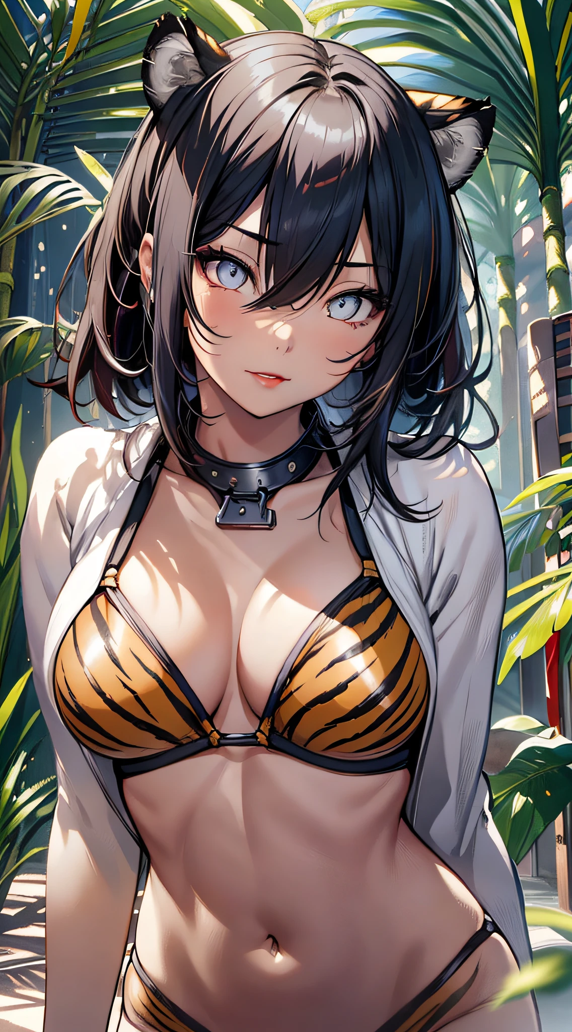 1girl, beautiful Korean girl, (cute loose bob hair, flowing hair), (wearing a tiger-print bikini: 1.5), (red lips, small breasts, toned stomach, eyelashes, aegyo sal), immersive background, global illumination, natural light, (beautiful detailed eyes, symmetrical eyes), (8k, RAW photos, masterpieces, high definition RAW color photos, top quality, High definition CG unified 8K wallpaper), (best shadows, best illustrations), physically based rendering, high contrast, rich colors,