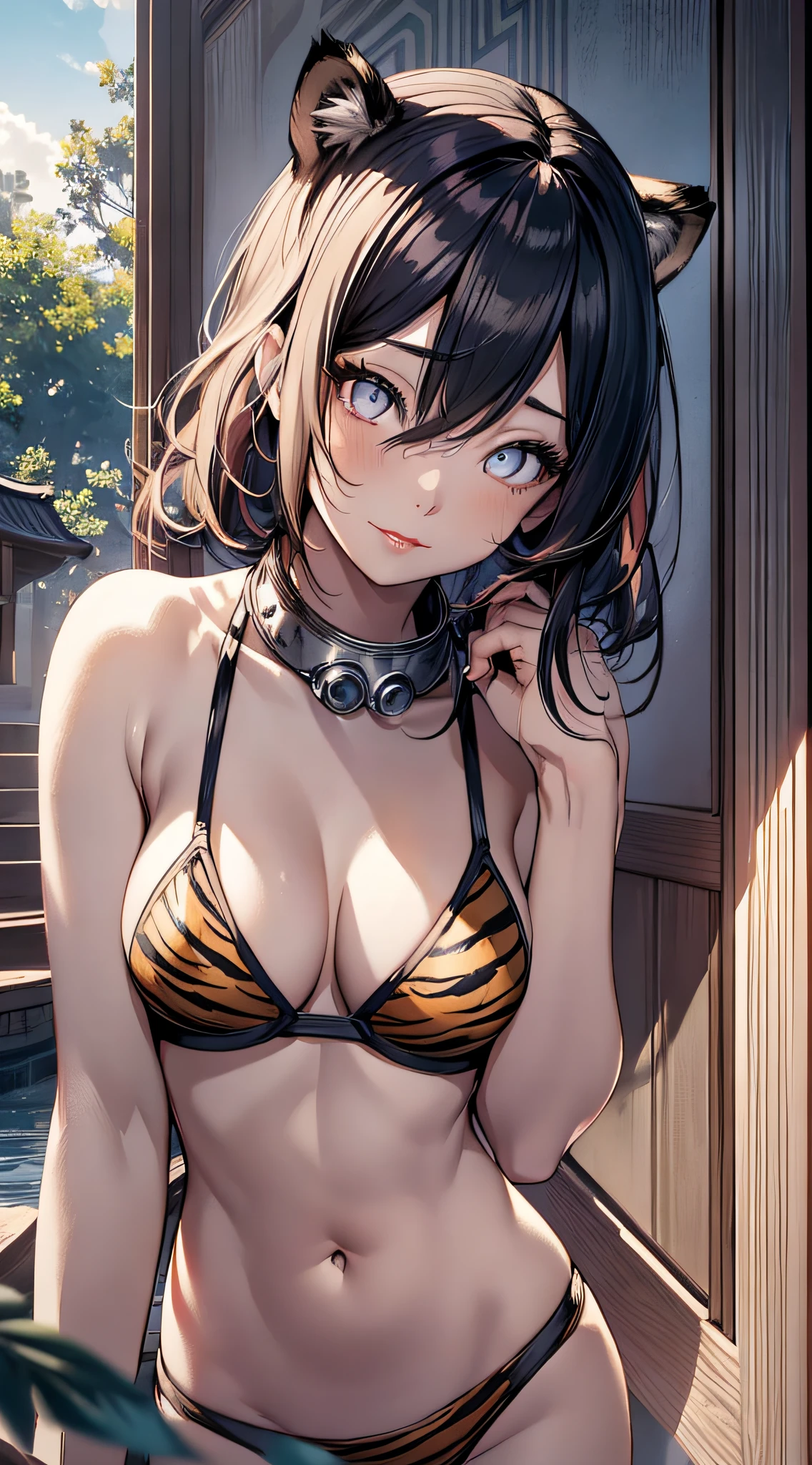 1girl, beautiful Korean girl, (cute loose bob hair, flowing hair), (wearing a tiger-print ??????: 1.5), (red lips, small ???????, toned stomach, eyelashes, aegyo sal), immersive background, global illumination, natural light, (beautiful detailed eyes, symmetrical eyes), (8k, RAW photos, masterpieces, high definition RAW color photos, top quality, High definition CG unified 8K wallpaper), (best shadows, best illustrations), physically based rendering, high contrast, rich colors,