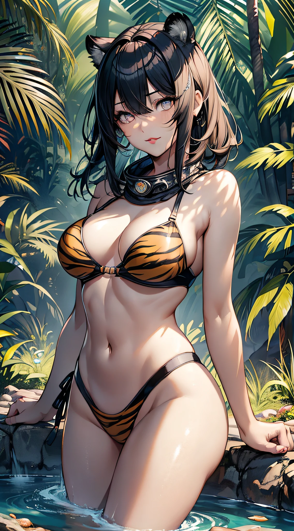 1girl, beautiful Korean girl, (cute loose bob hair, flowing hair), (wearing a tiger-print bikini: 1.5), (red lips, small breasts, toned stomach, eyelashes, aegyo sal), immersive background, global illumination, natural light, (beautiful detailed eyes, symmetrical eyes), (8k, RAW photos, masterpieces, high definition RAW color photos, top quality, High definition CG unified 8K wallpaper), (best shadows, best illustrations), physically based rendering, high contrast, rich colors,