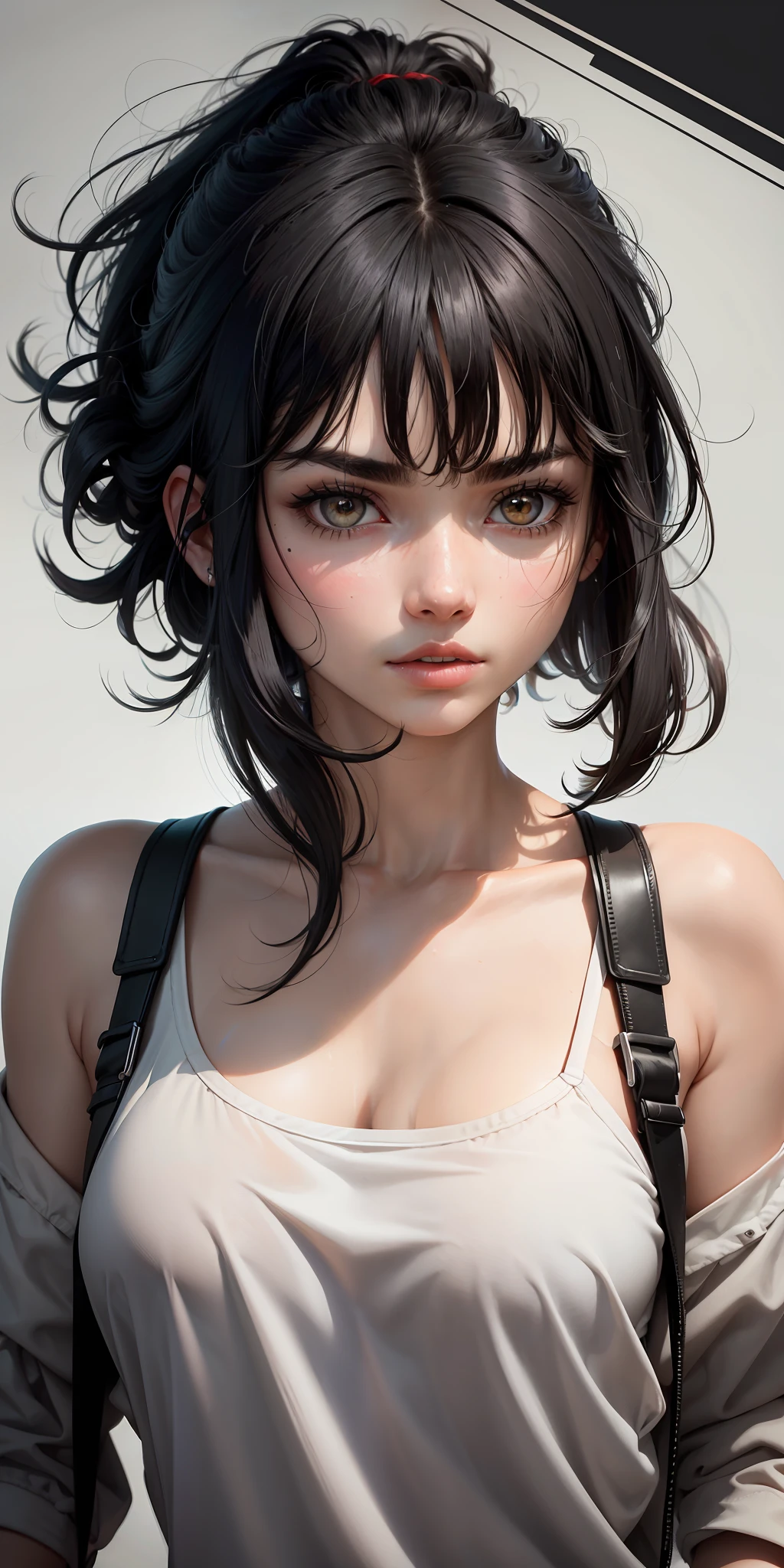 black hair, bangs, asymmetrical hair, messy hair, floating hair, mismatched pupils, eyebrows behind hair, parted lips, Minimalism, super detail, 8k