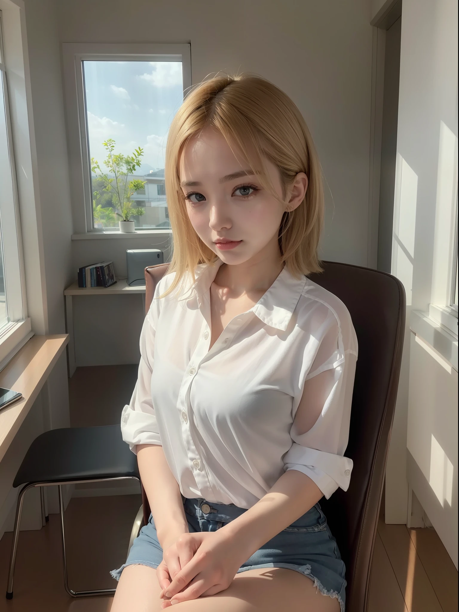 ((Best quality, 8k, Masterpiece: 1.3)), Sharp focus: 1.2, 1 aespa girl, beautiful face girl, cute face, age 20, small breasts, flat chest, short messy hair, sitting chair, white summer casual shirt, office room, sunlight, dramatic angle, kindness, cinematic lighting, from below, (8k, masterpiece, best quality, raw photo)