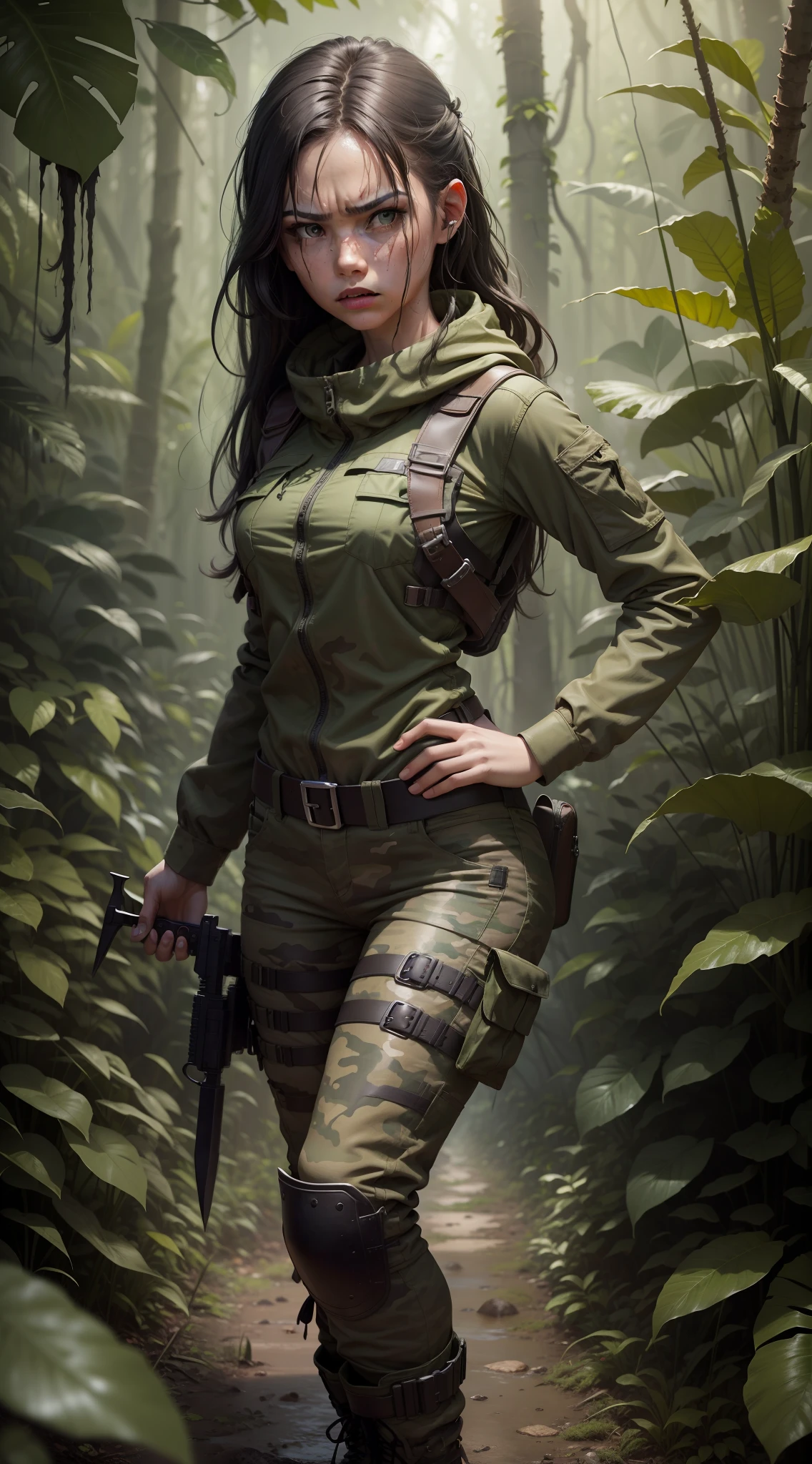 Girl in the jungle, mud, perfect body, realistic face. 1.4 (angry girl), knife, army boot, Ripley: regatta, camouflaged, green + gray. HD 1.5, V4. GAB, ISO. Aerial focus.