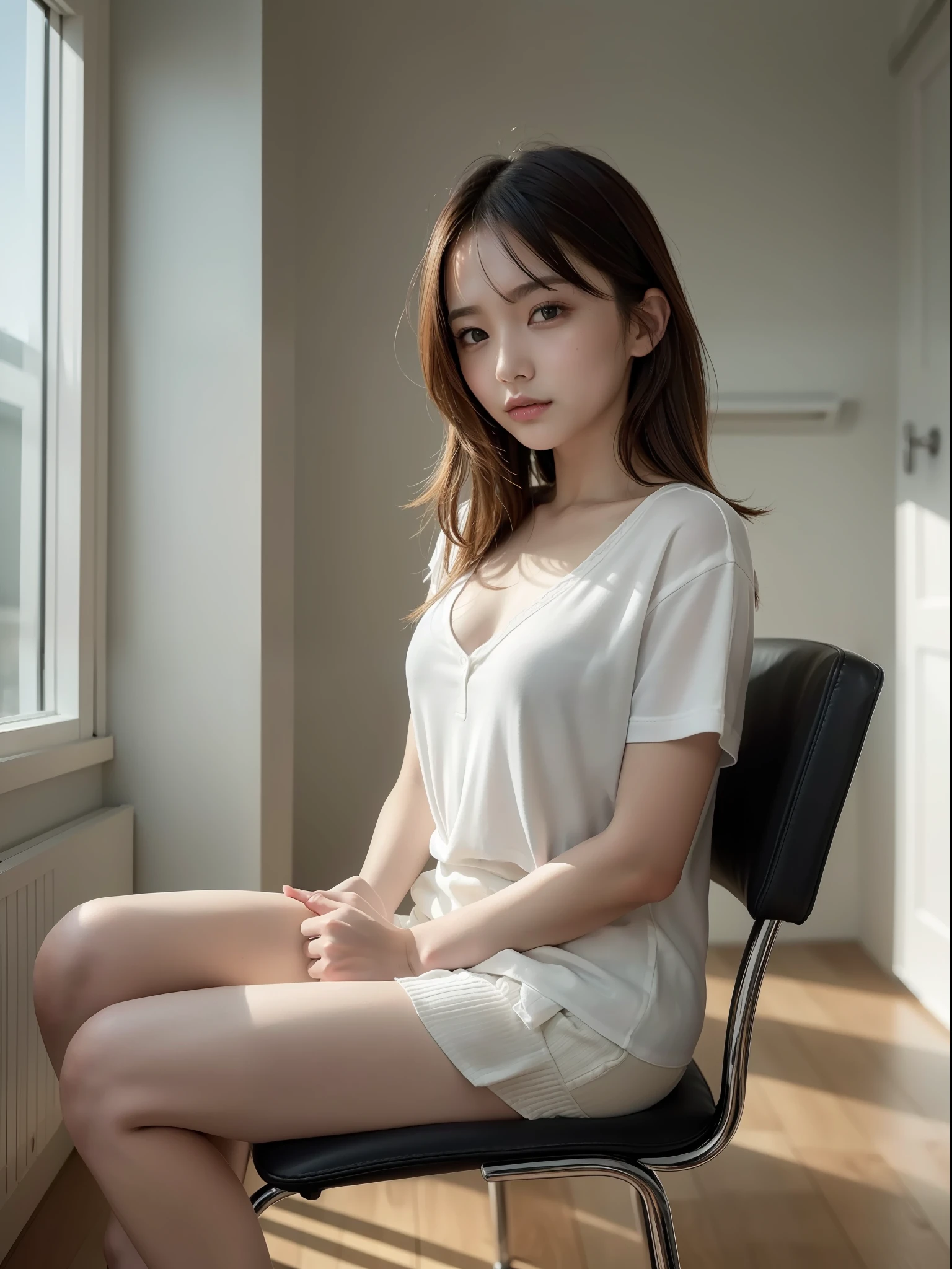 ((Best quality, 8k, Masterpiece: 1.3)), Sharp focus: 1.2, 1 aespa girl, beautiful face girl, cute face, age 20, small breasts, flat chest, short messy hair, sitting chair, white summer casual shirt, office room, sunlight, dramatic angle, kindness, cinematic lighting, from below, (8k, masterpiece, best quality, raw photo)