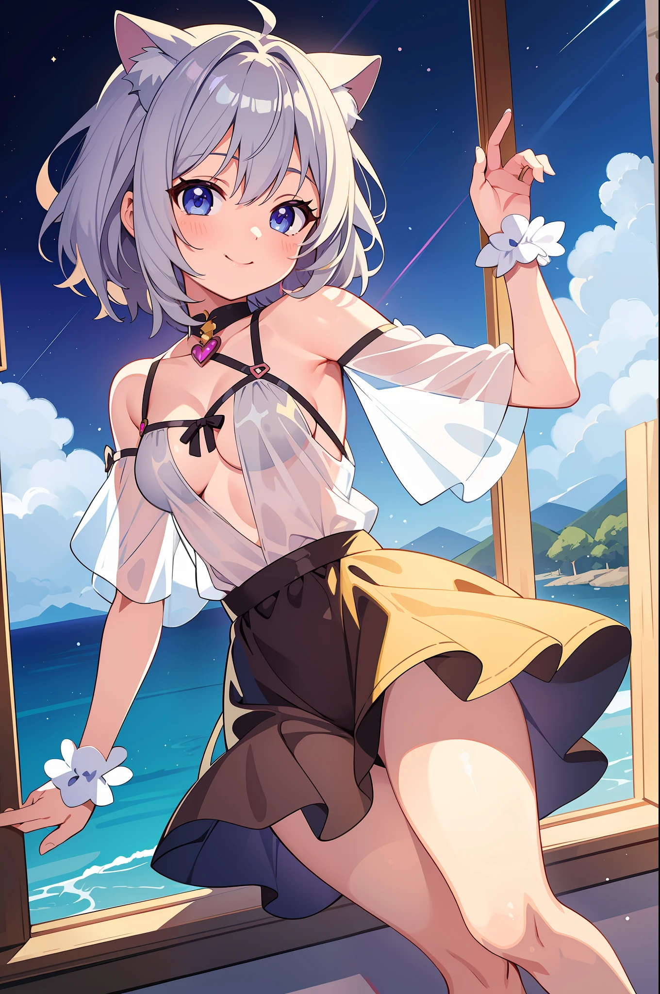 (Masterpiece), (Top Quality Anime Illustration), (Super Definition), One Girl, Solo, Silver-Haired Beautiful Girl, Anime Loli, Cat Ear Loli, Izumi no Request, See-through, Off-Shoulder, Smile, Small Breasts, Cleavage Emphasis, Underboob, Side Boob, Thighs
