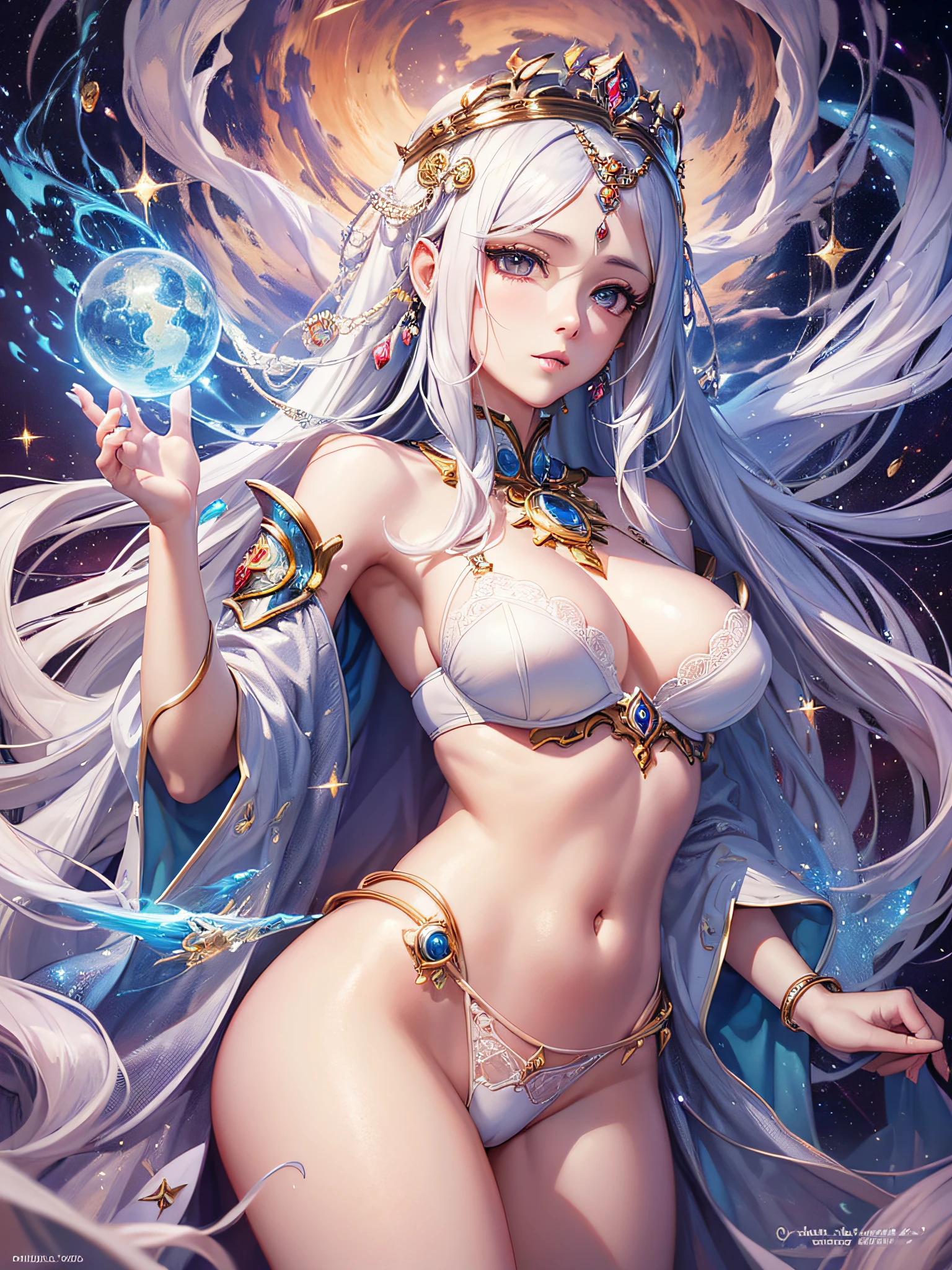 Very detailed, pretty eye depiction, (very realistic, (white bra: 1.3), (white panties: 1.3)), very accurate hand and finger depiction, accurate human body structure, sheer, beautiful girl in underwear, anime girl with long hair and star dress on the background, beautiful celestial mage, ! Dream Art Bacteria, Full Body Xianxia, Yang J, ((Beautiful Fantasy Empress)), Highly Detailed Art, Heavenly Goddess, Fantasy Art Style, Galactic Goddess, Beautiful Fantasy Empress, 8k High Quality Detailed Art, Anime Goddess