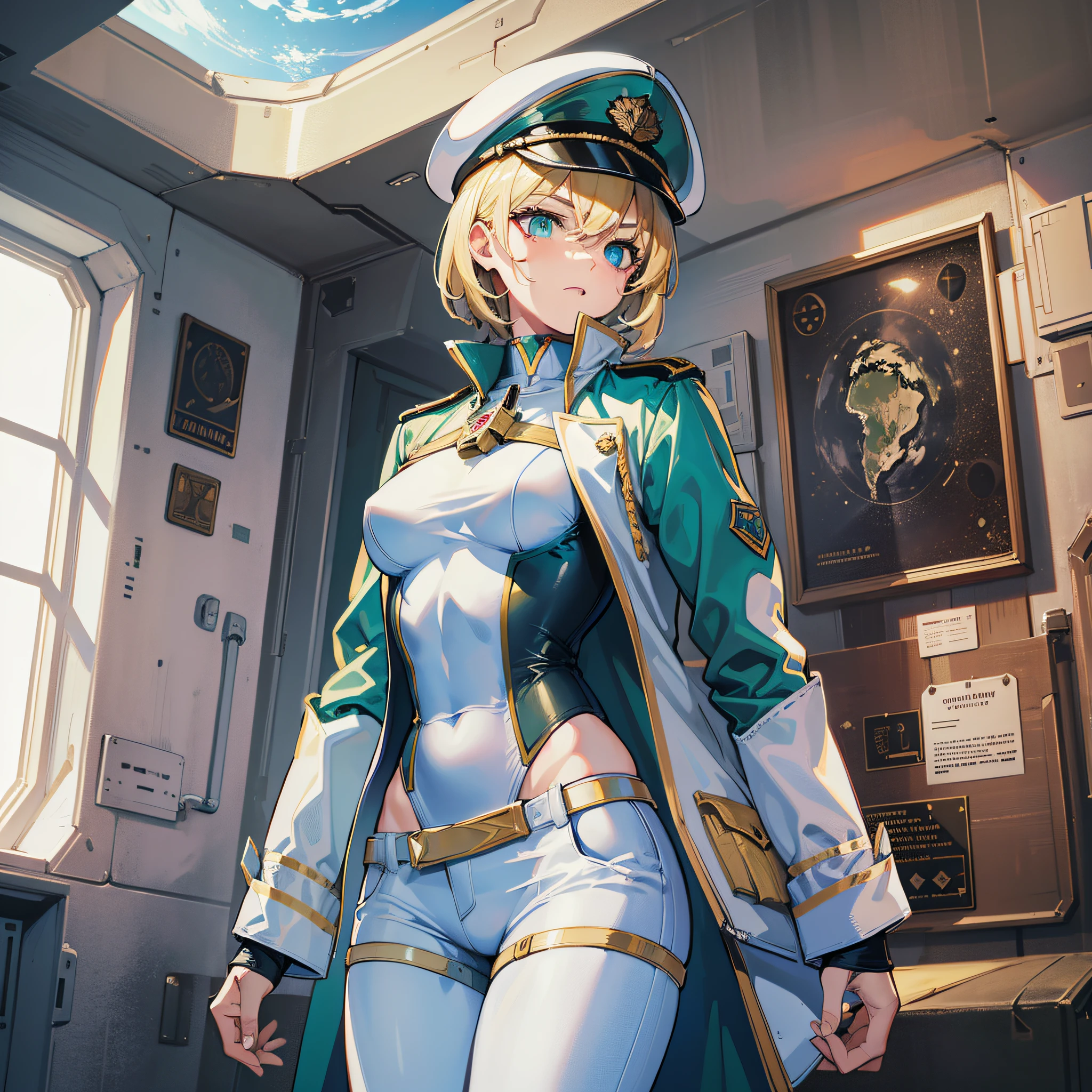 ((Masterpiece)), ((Highest Quality)), ((Best Quality)), (Illustration of One Girl), Full Body, 25 Years Old, Neutral, Blonde, (Short Hair), Green Eyes, (((Tall)), (Muscular Strong Body)), ((Muscular Strong Body)), ((Muscular Strong Body)), (Military Uniform)), (Military Uniform)), ((Military Hat)), (White Clothes), (White Pants), (White Hat), Trench Coat, ((Inside the Spaceship)), (Outside the Window, space, Earth seen from space, spaceport)