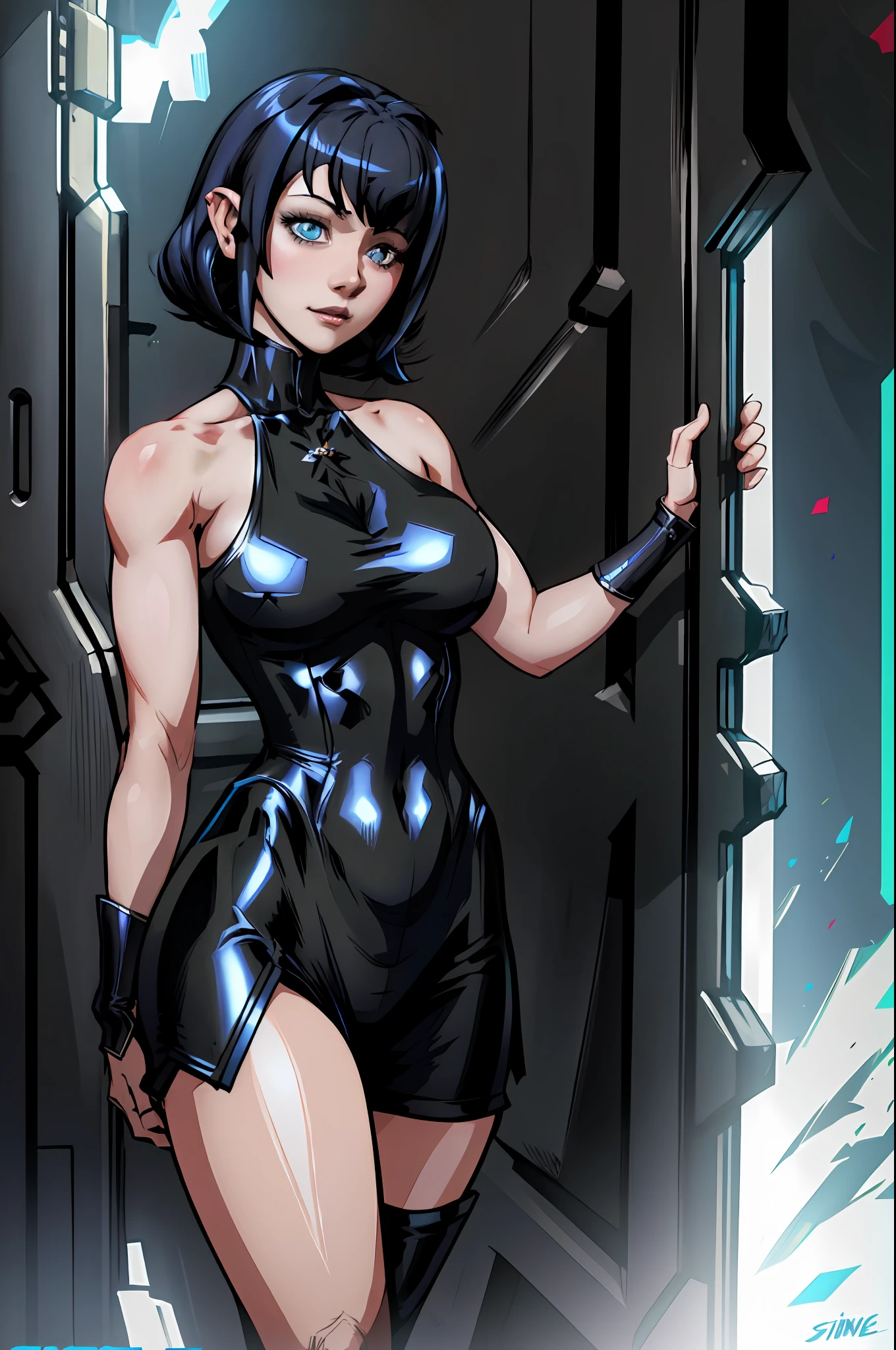 A closeup of a woman, concept art, character content art,1girl, highres, sharp focus, pixiv masterpiece, ((intricate details)), highly detailed,exquisite fanart highly detailed, commission for high resolution, one eye, detailed eyes,blue eyes, pale skin, fair skin, short black hair, cyberpunk hair, muscular female body!, pointed ear, vampire, costume: sensual, neckline on the breasts,  Revealing neckline, joy ride style, ilya kuvshinov,Anime Moe Artstyle, Female anime character, Anime character,