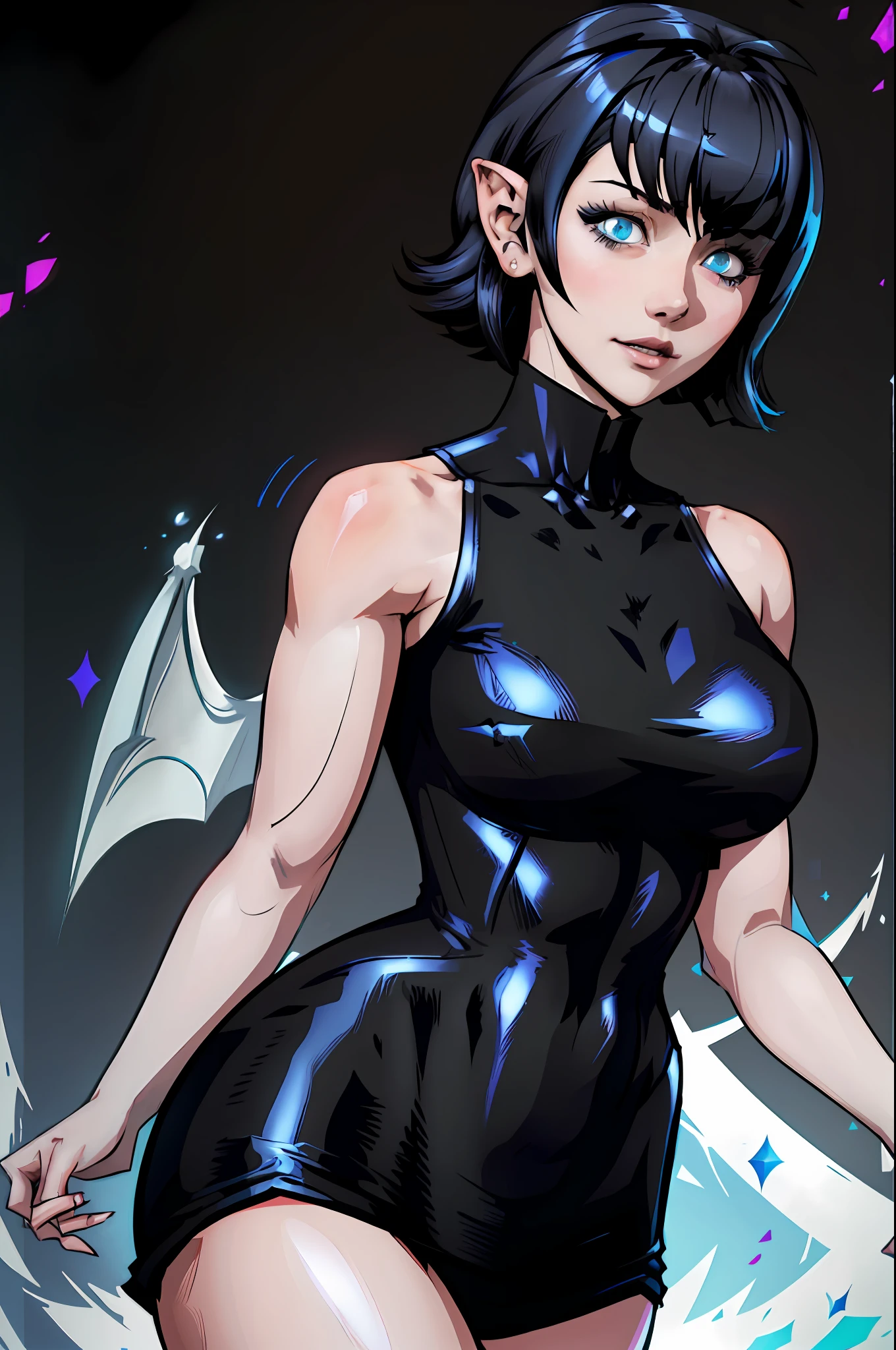 A closeup of a woman, concept art, character content art,1girl, highres, sharp focus, pixiv masterpiece, ((intricate details)), highly detailed,exquisite fanart highly detailed, commission for high resolution, one eye, detailed eyes,blue eyes, pale skin, fair skin, short black hair, cyberpunk hair, muscular female body!, pointed ear, vampire, costume: sensual, neckline on the breasts,  Revealing neckline, joy ride style, ilya kuvshinov,Anime Moe Artstyle, Female anime character, Anime character,