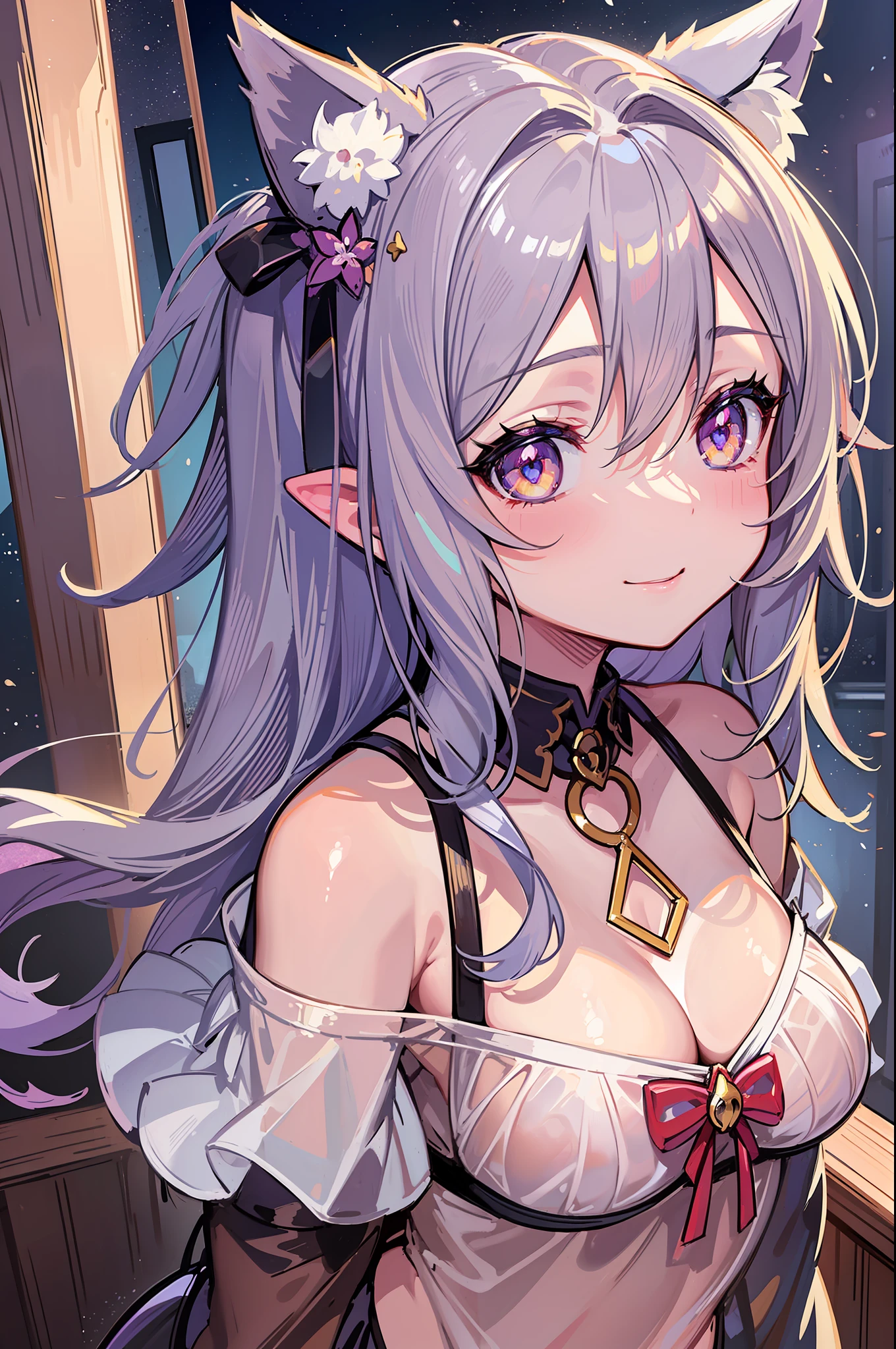 (Masterpiece), (Top Quality Anime Illustration), (Super Definition), One Girl, Solo, Silver-Haired Beautiful Girl, Anime , Cat Ear Loliumi no Request, See-through, Off-Shoulder, Smile, Small Breasts, Cleavage Emphasis, Underboob, Side Boob, Thighs
