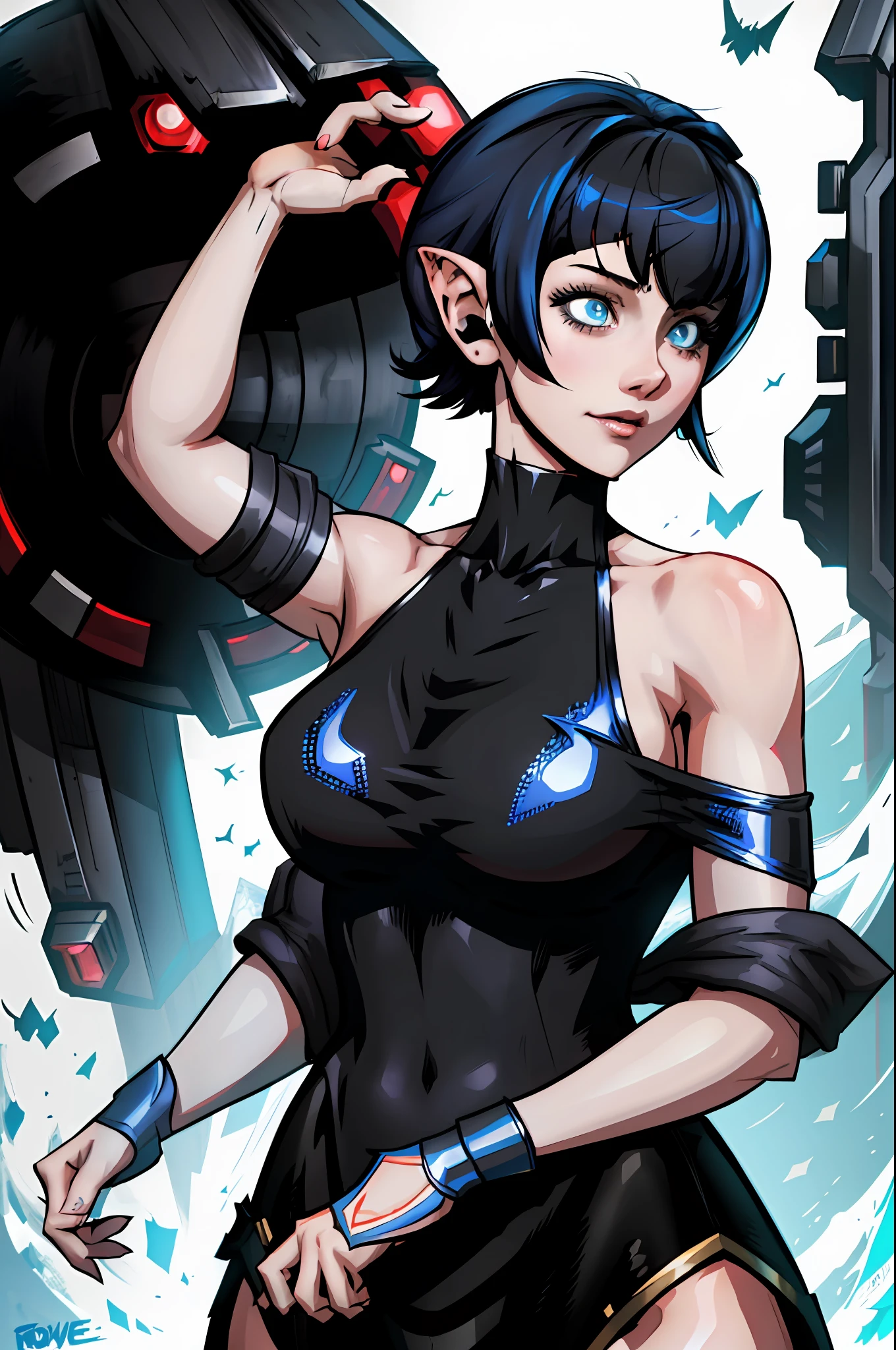 A closeup of a woman, concept art, character content art,1girl, highres, sharp focus, pixiv masterpiece, ((intricate details)), highly detailed,exquisite fanart highly detailed, commission for high resolution, one eye, detailed eyes,blue eyes, pale skin, fair skin, short black hair, cyberpunk hair, muscular female body!, pointed ear, vampire, costume: sensual, neckline on the breasts,  Revealing neckline, joy ride style, ilya kuvshinov,Anime Moe Artstyle, Female anime character, Anime character,