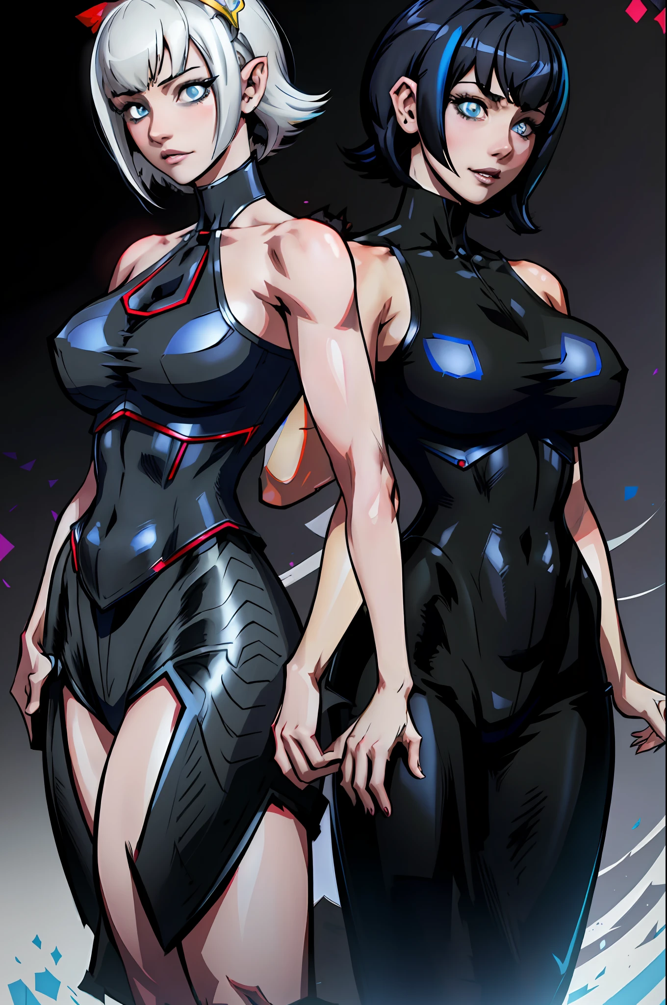 A closeup of a woman, concept art, character content art,1girl, highres, sharp focus, pixiv masterpiece, ((intricate details)), highly detailed,exquisite fanart highly detailed, commission for high resolution, one eye, detailed eyes,blue eyes, pale skin, fair skin, short black hair, cyberpunk hair, muscular female body!, pointed ear, vampire, costume: sensual, neckline on the breasts, Revealing neckline, joy ride style, ilya kuvshinov,Anime Moe Artstyle, Female anime character, Anime character,