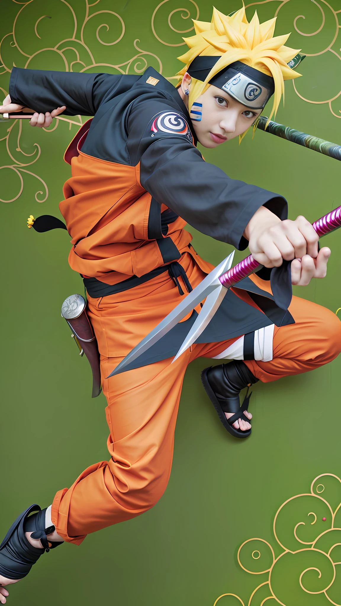 People photography, live-action photography, masterpiece, nikon, super face details, surrealism, sword in hand, green background, wielding kunai, naruto pain, naruto, slug sage sage mode haruno sakura, strongest pose, clown as naruto, haruno sakura, dramatic katana wielding pose, naruto art style, hyuga hyuga, naruto waki