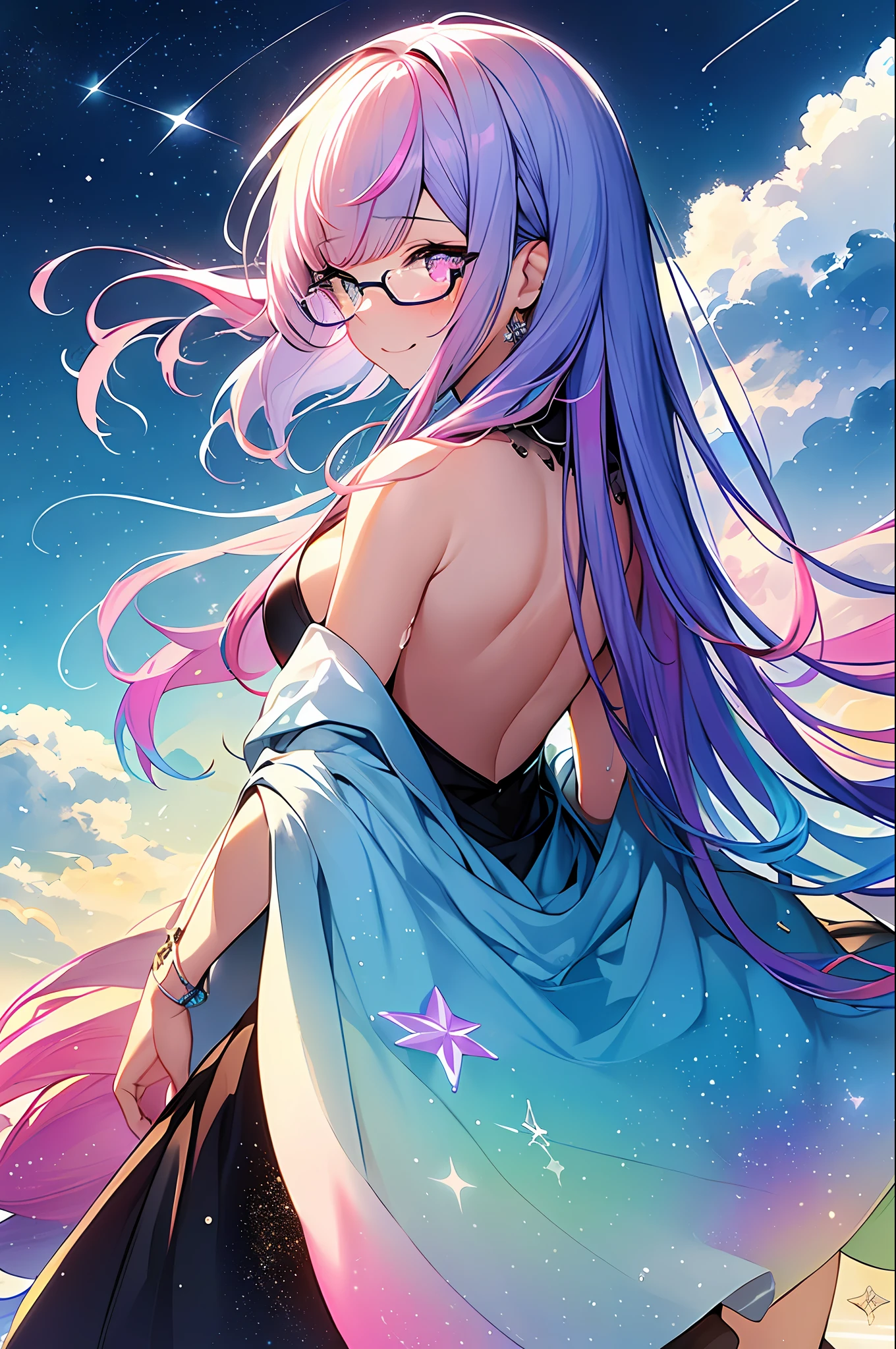 (Masterpiece, Best Quality, Best Quality, Medium Watercolor Painting), Official Art, Beautiful and Aesthetic: 1.2), (1 Girl: 1.3), (Fractal Art: 1.3), (Full Body)), Back (Iridescent Hair, Colorful Hair, Half Blue and Half Pink Hair: 1.2), Water, Liquid, Clouds, Colorful, Starry Sky, Stars, Smile, (Glasses), Close Up, Heterochromia, (Colorful: 1.5), ((Uniform)), Detailed background, (((glitter pupils)), ((clothes with large backs)), ((tears))