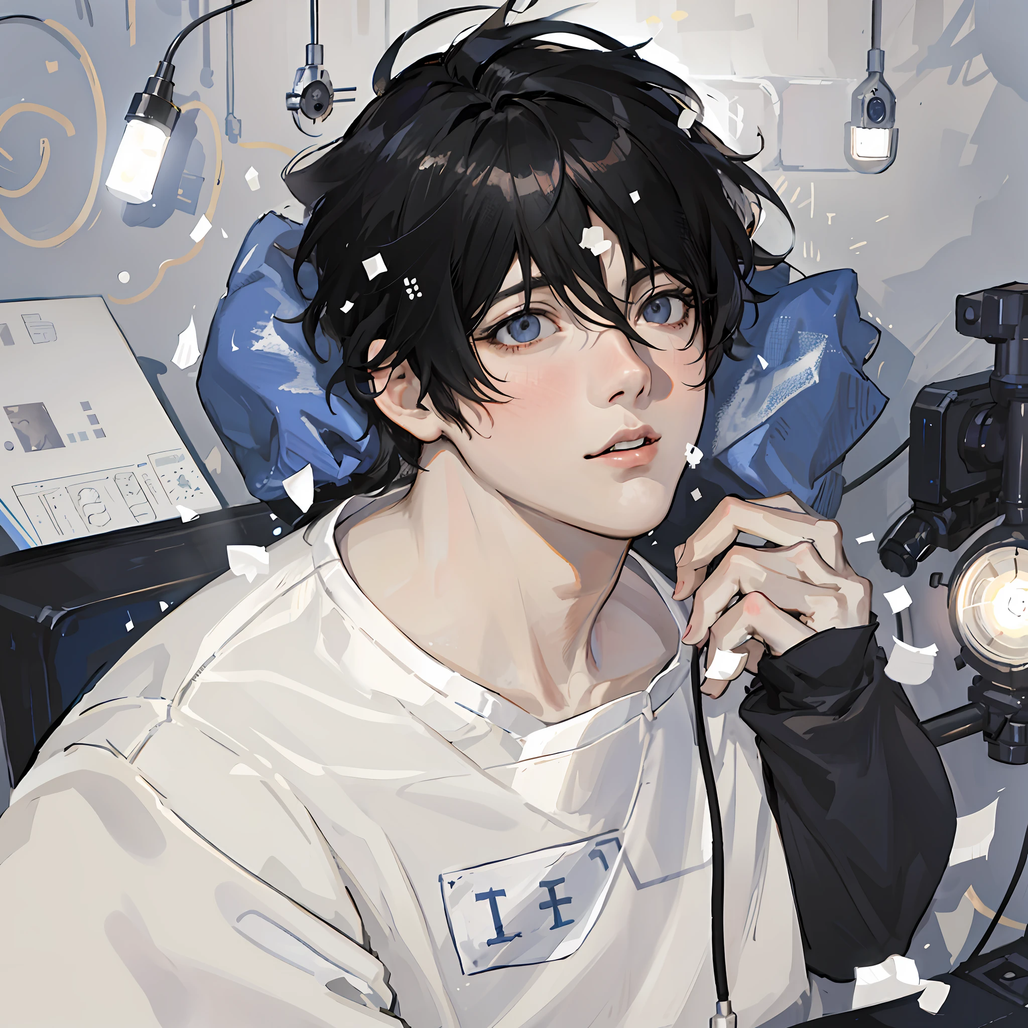 Hospital neurology consultation room, a nervous, confused and uneasy person, hospital lighting, realism, 2D, HD, digital anime illustrations, high-quality fan art, highly detailed fine fan art, Loepfe portrait, official fan art, detailed fan art, Guvez style artwork, Pixiv art station on Guwiz art station, by Yang J, anime style,
