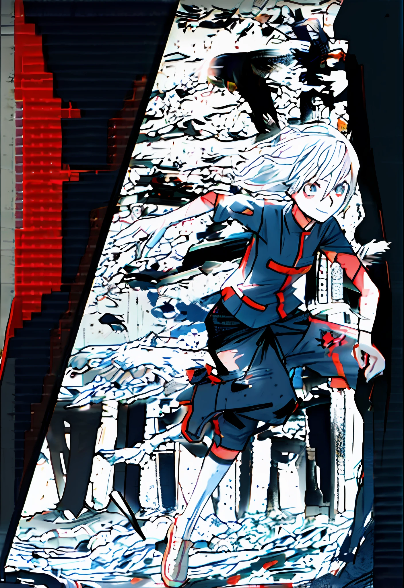 anime girl in white shirt jumping on a skateboard in front of a brick wall, anime girl is running, black and white manga panel, black and white manga page, black and white manga style, annie leonhart in a neon town, by Naka Bokunen, the anime girl is crouching, hologram hovering around her,  official art, promotional art, shades black,white,gray