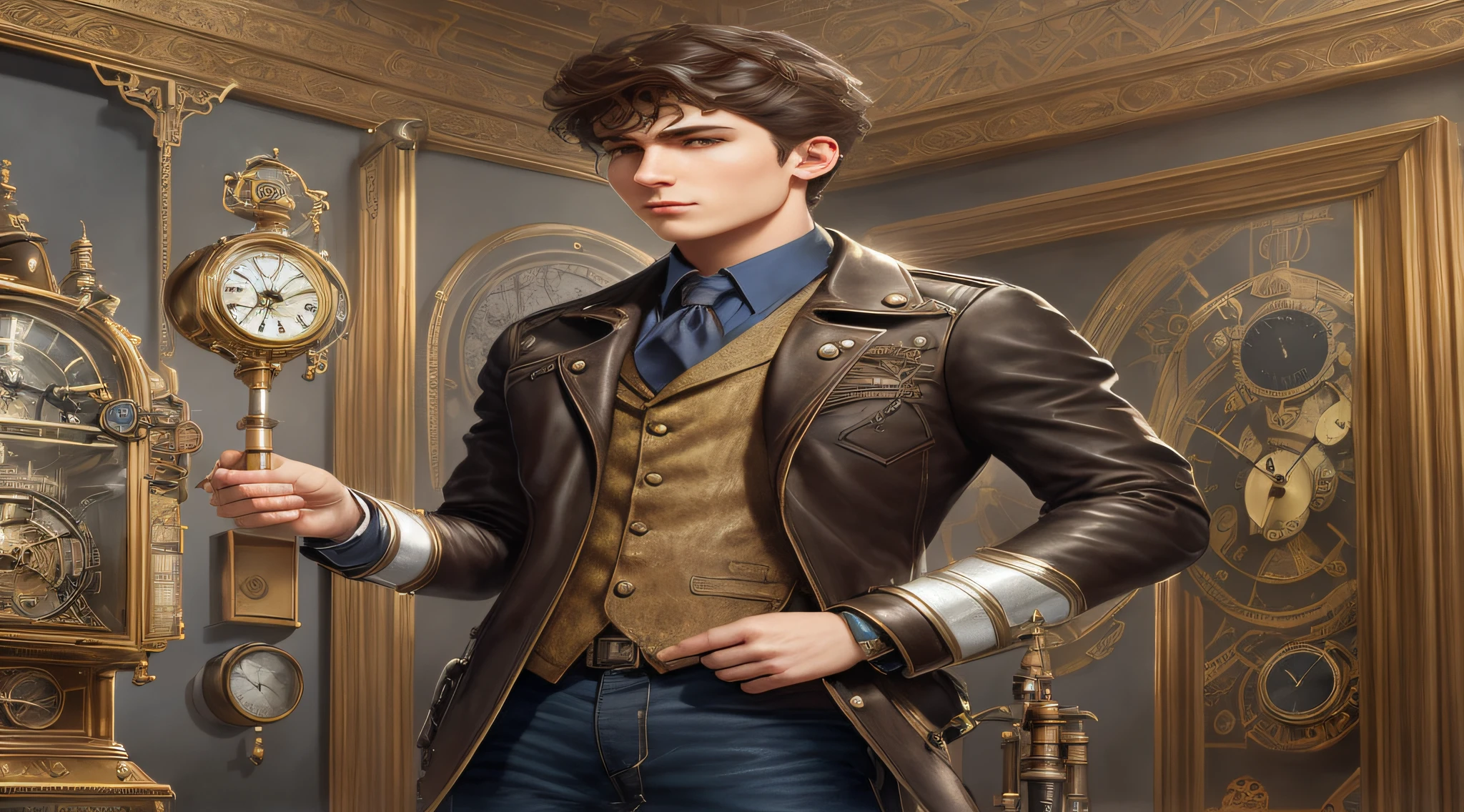 there is a man in a leather jacket holding a clock, steampunk male portrait, inspired by Max Magnus Norman, skinny male fantasy alchemist, tom bagshaw weta studio, male artificer, steampunk fantasy style, michael cheval (unreal engine, official character illustration, tom bagshaw style, tom bagshaw donato giancola, neoartcore and charlie bowater