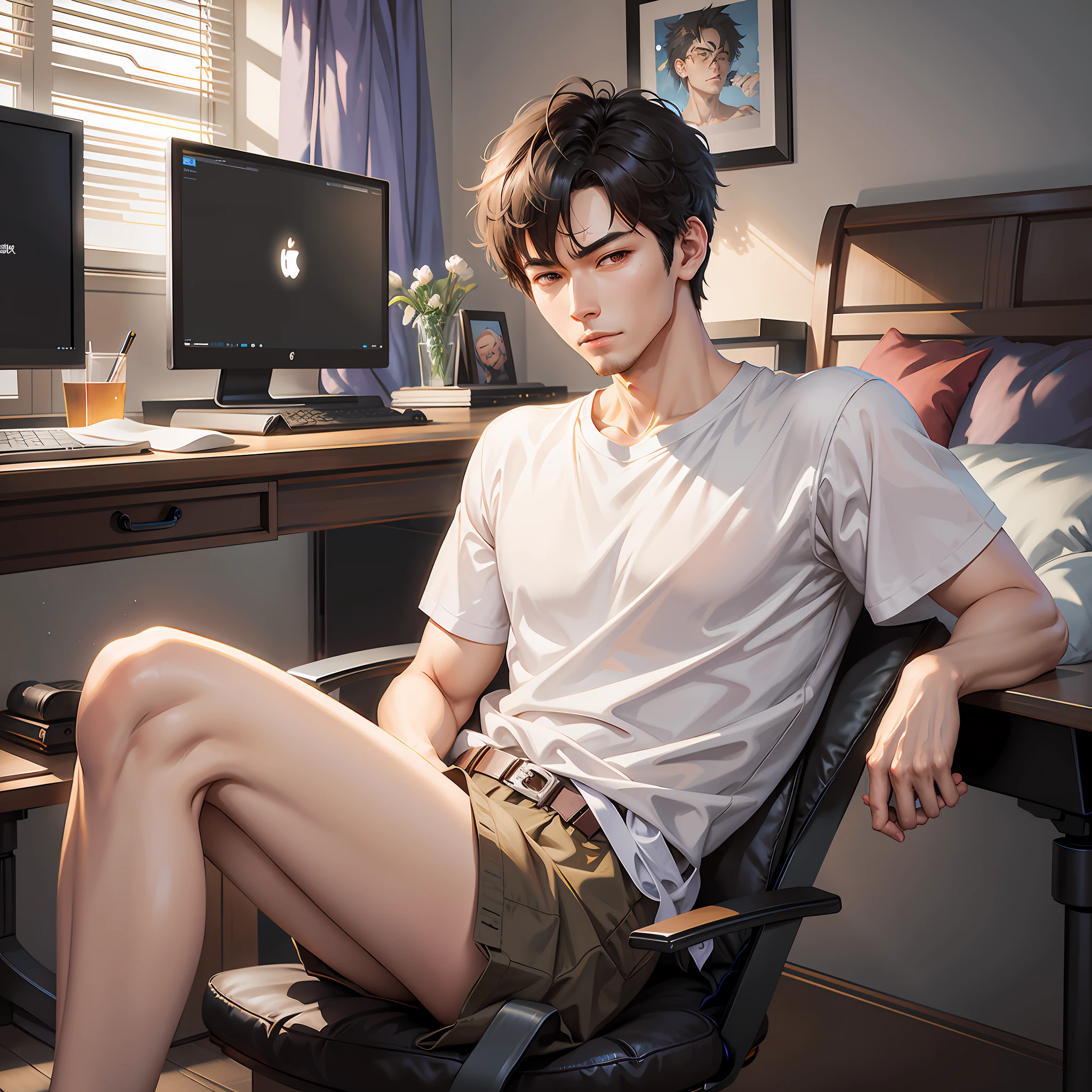 there is a man sitting in a chair in front of a computer, handsome anime pose, smooth anime cg art, inspired by Bian Shoumin, artwork in the style of guweiz, realistic artstyle, heise jinyao, high quality fanart, highly detailed exquisite fanart, digital anime illustration, realistic. cheng yi, inspired by Yeong-Hao Han