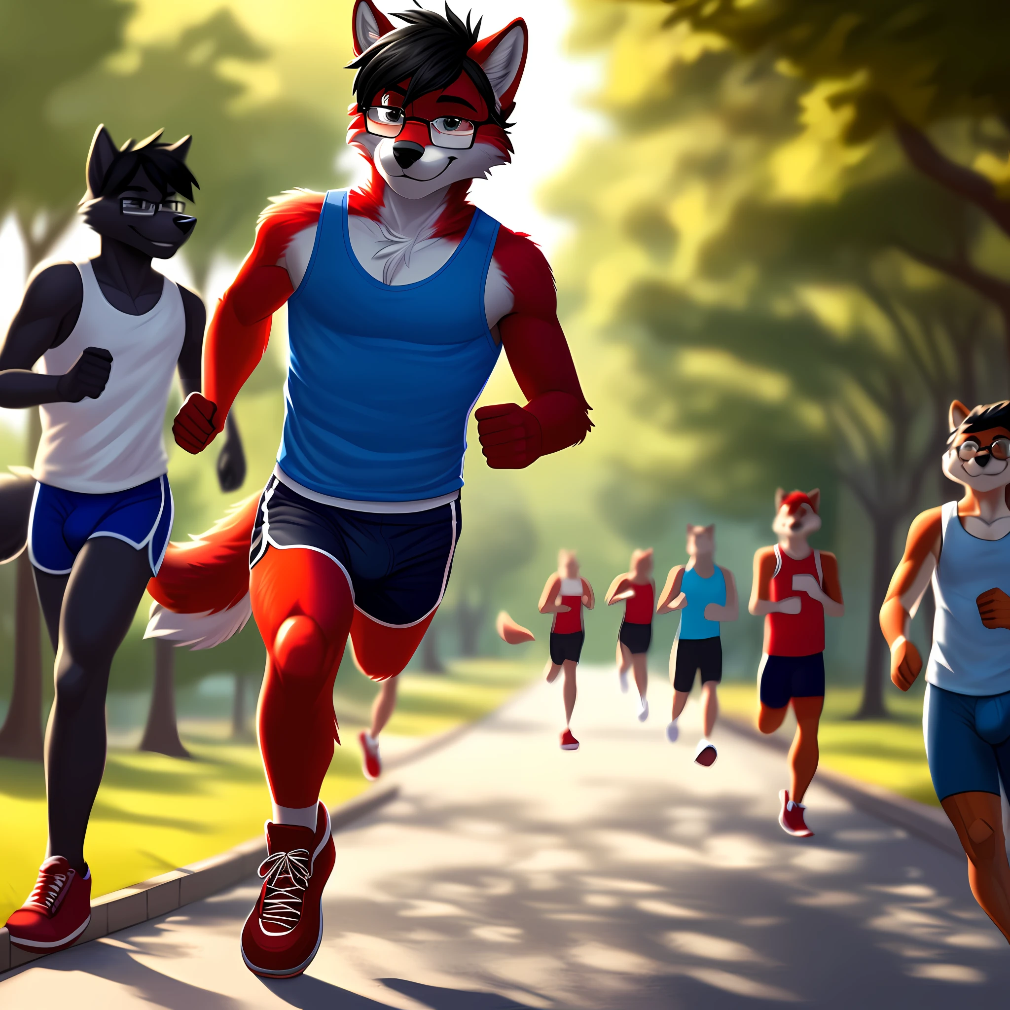 masterpiece, anthro, wolf with red fur, male, blue tank top and tight blue running shorts, red shoe, glasses, black hair, solo, no group, no double, full body, smiling, great lighting, soft light, no logo mark, running in the park, focus on character, framed, no extra limbs, small bulge