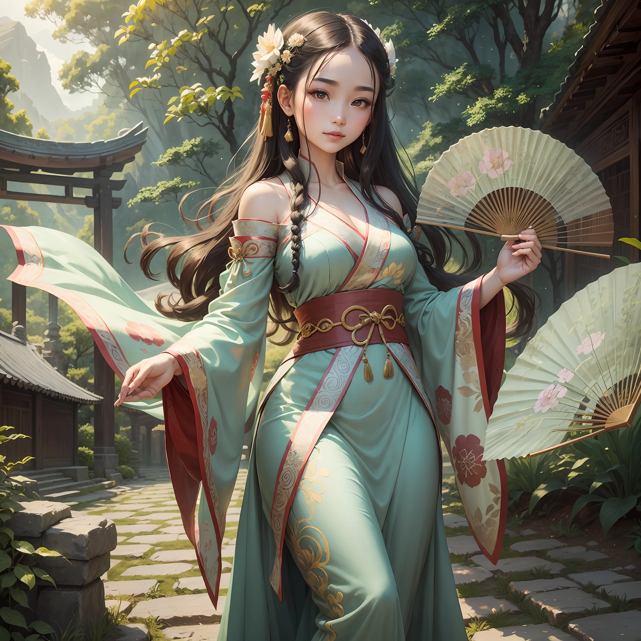 In an antique picture, a beautiful antique girl appears.
She was dressed in a gorgeous Hanfu with flowing clothes and embroidered clothes dancing in the breeze. Her long hair was coiled and fixed with a jade hairpin, giving off a faint floral fragrance.
Her eyebrows are picturesque, her eyes are bright and clear, as if she can penetrate time. Her skin is as fair as snow, her lips are red and her teeth are white, and there is a gentle smile on the corner of her mouth.
She held a delicate folding fan and gently fanned it, as if she was talking to the wind. She stands on a bluestone path, surrounded by ancient buildings and green mountains, creating a mysterious and tranquil atmosphere.
This ancient style girl exudes a classical charm, as if she has traveled through time and space, giving people a feeling of being separated from the world. Her presence fills the whole picture with an ancient and elegant atmosphere. --auto --s2