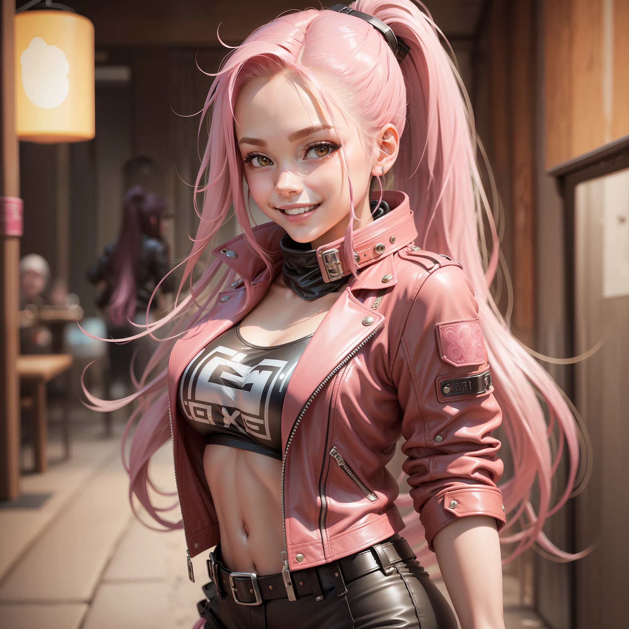 Girl Naked Leather Jacket Best Quality Smile Masterpiece Long Hair Ponytail Pink Hair