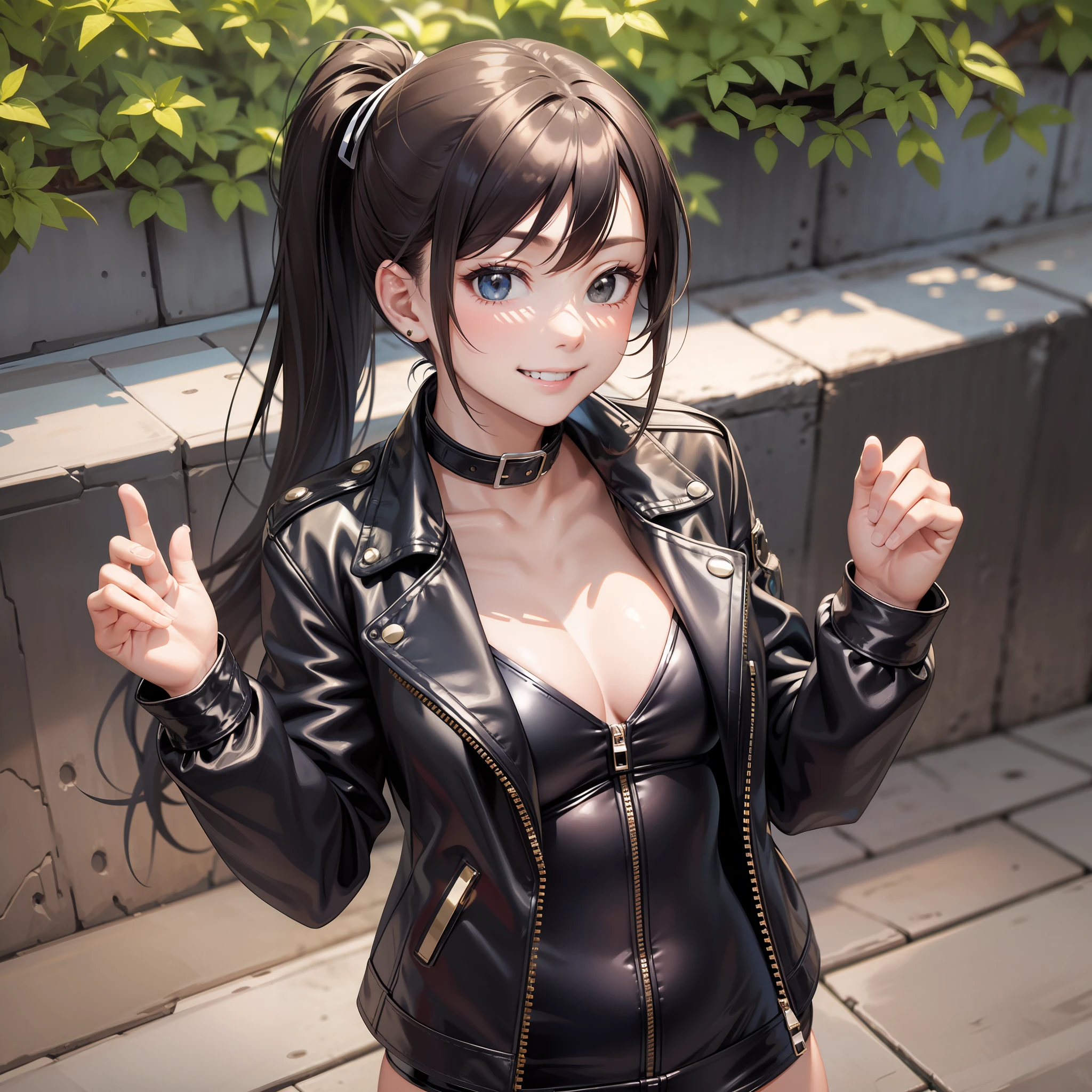 Swimsuit Leather Jacket Girl Best Quality Smile Ponytail Masterpiece Long Hair