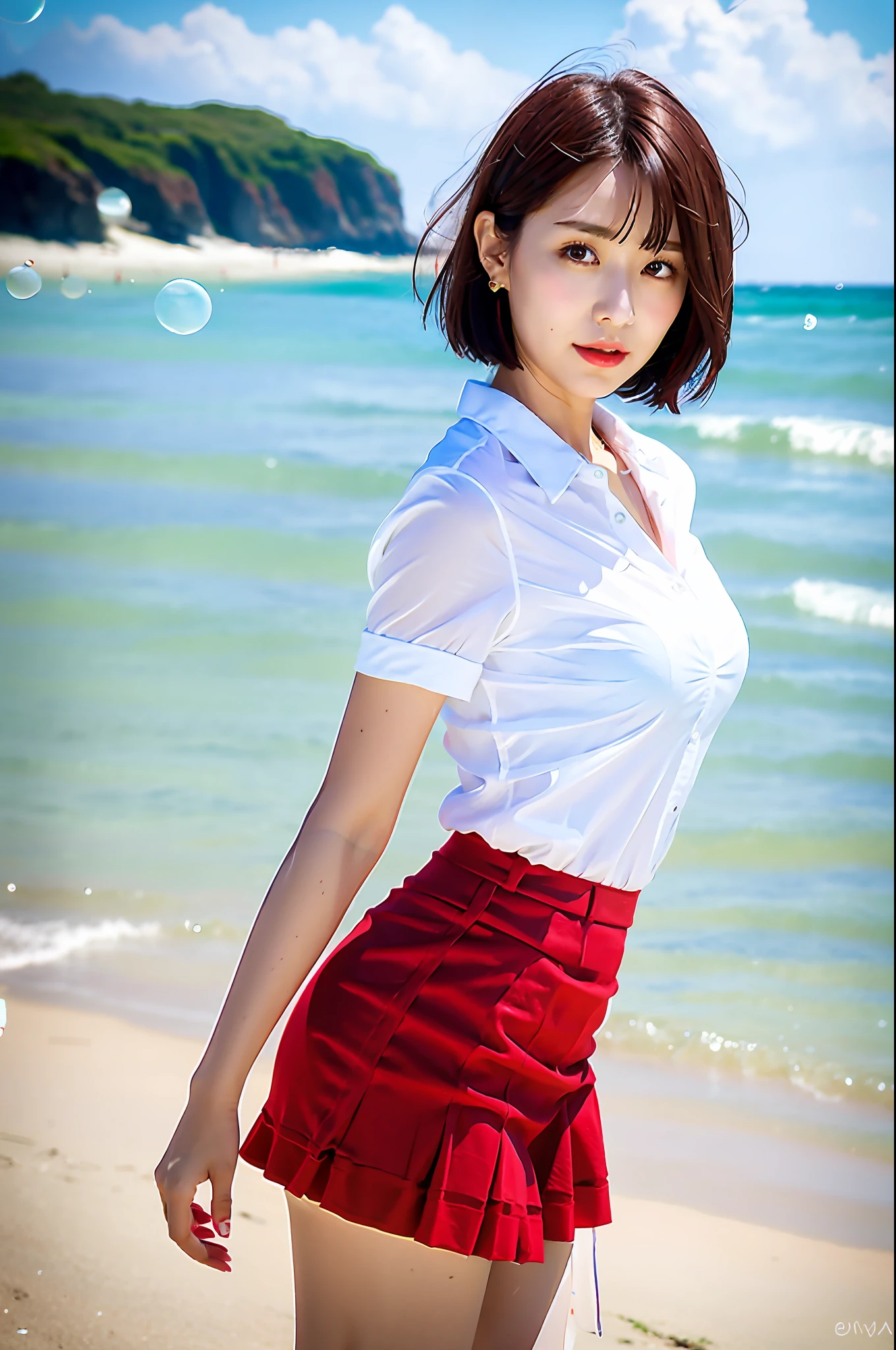 Seaside, short hair, red short skirt, white shirt