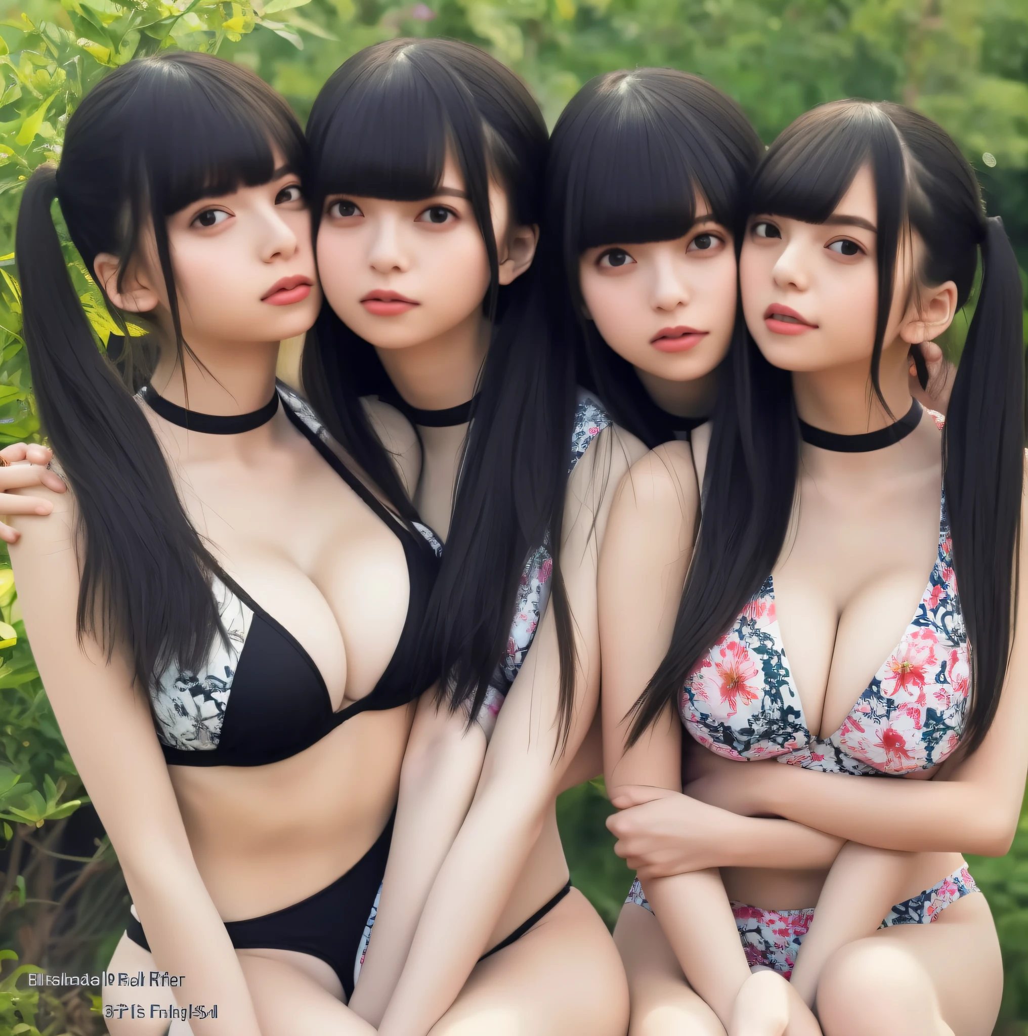 masterpiece, top quality, full body, bangs, black choker, 2girls, lily, lesbian, kiss, (black hair), long hair, twin tails, hug, cleavage, bountiful breasts, high legs, swimsuit, bikini,