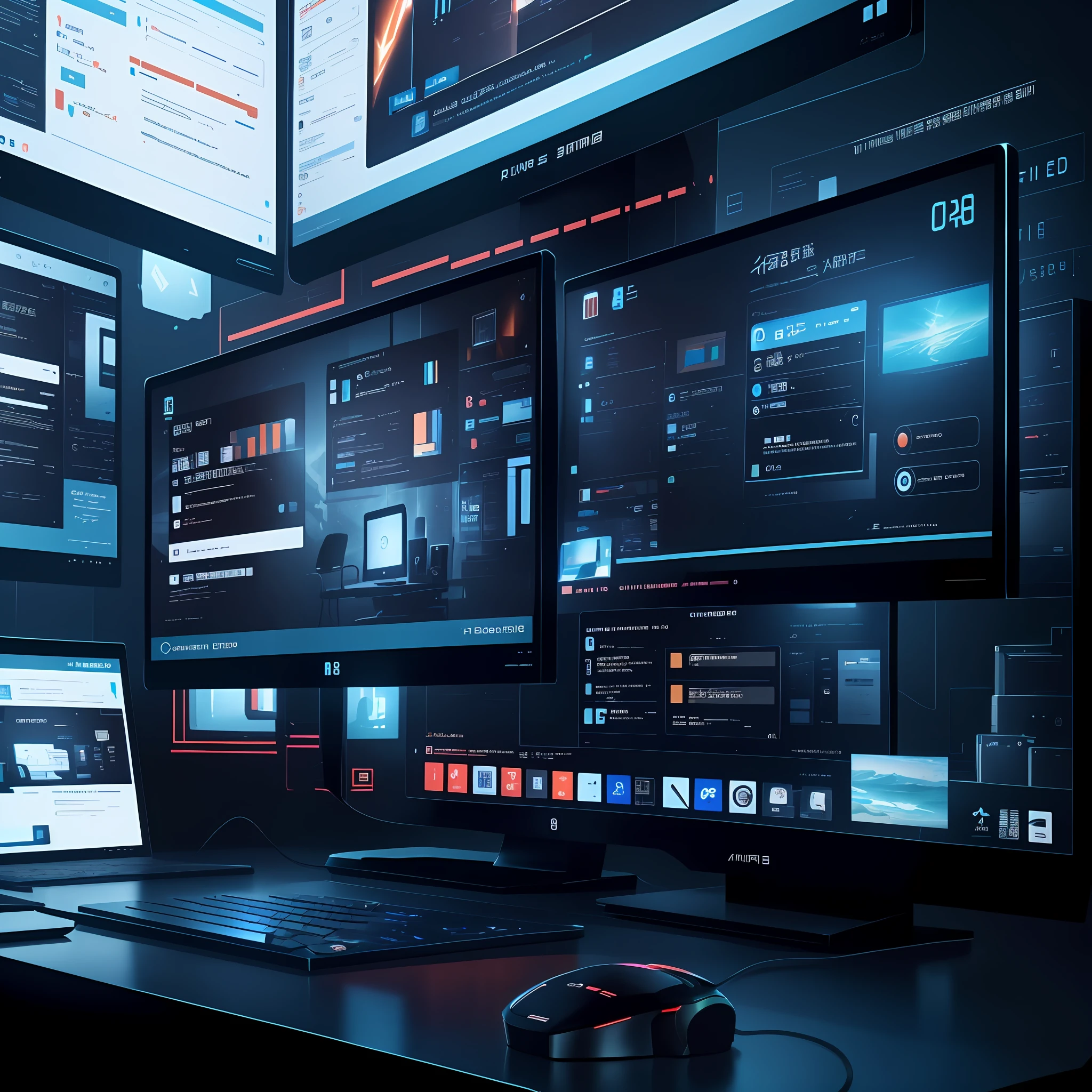 arafed view of a computer desk with three monitors and a mouse, stacked computer screens, 8k computer render, glowing computer screens, pc screen image, computer screens, technological screens, many computer screens, computers and digital monitors, huge computer screens, a computer rendering, 8 k cg render, floating monitors