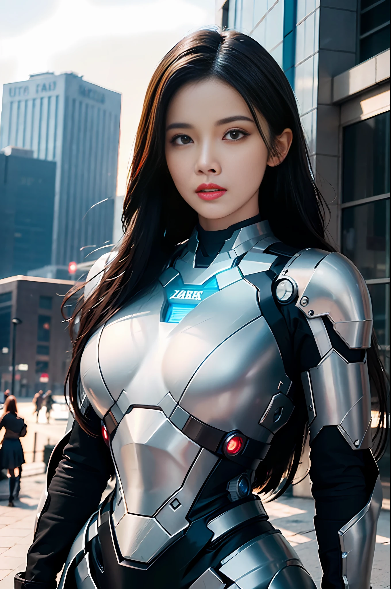 RAW, Masterpiece, Ultra Fine Photo,, Best Quality, Ultra High Resolution, Photorealistic, Sunlight, Full Body Portrait, Stunningly Beautiful,, Dynamic Poses, Delicate Face, Vibrant Eyes, (Side View) , she is wearing a futuristic Iron Man mech, very detailed background, detailed face, detailed busy background, messy, gorgeous, milky, high detailed skin, realistic skin details, visible pores, sharp focus, volume Fog, 8k uhd, dslr, high quality, film grain, fair skin, photorealism, lomography, sprawling metropolis in a futuristic dystopia, view from below, translucent