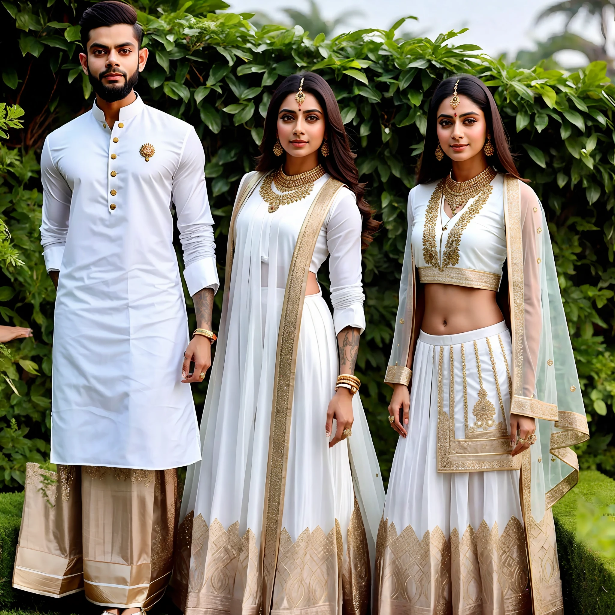 Indian princess show stomach long wear jewellers and Virat Kohli wear white kurta and posing in front of camera