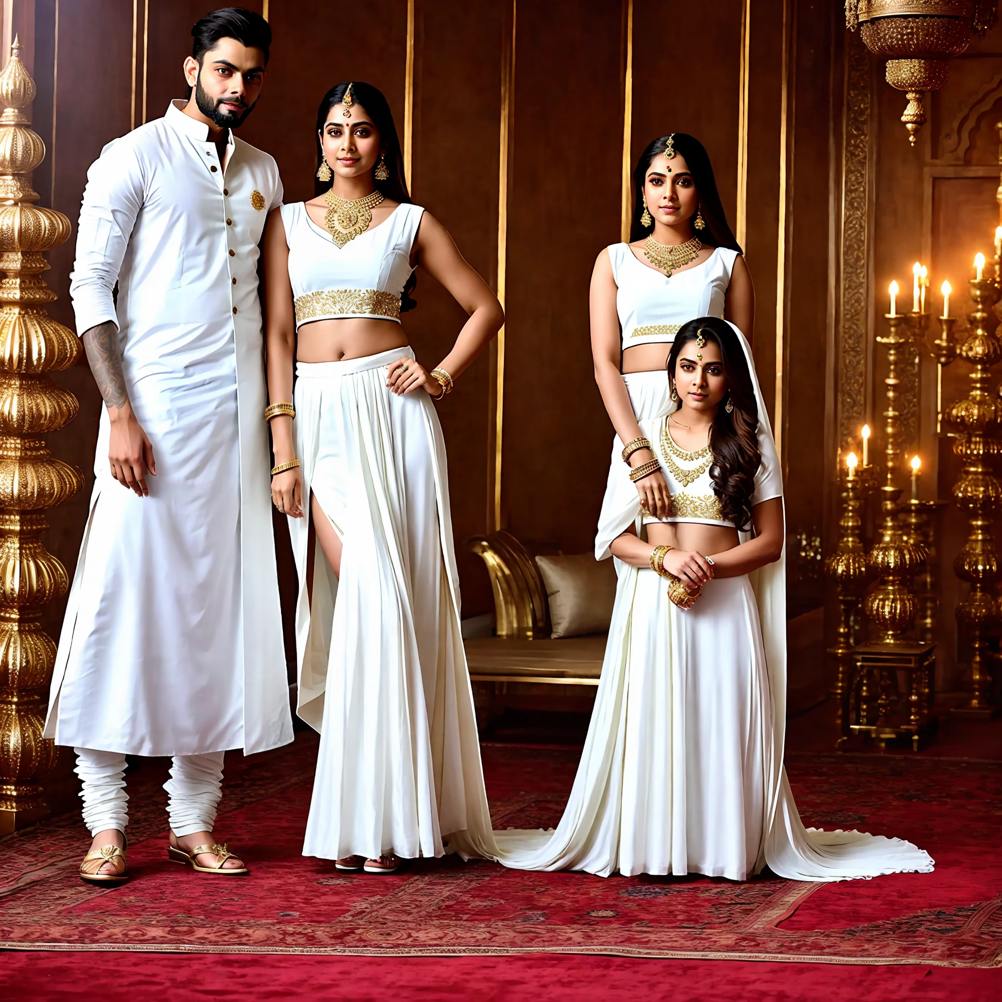 Indian princess show stomach long wear jewellers and Virat Kohli wear white kurta and posing in front of camera