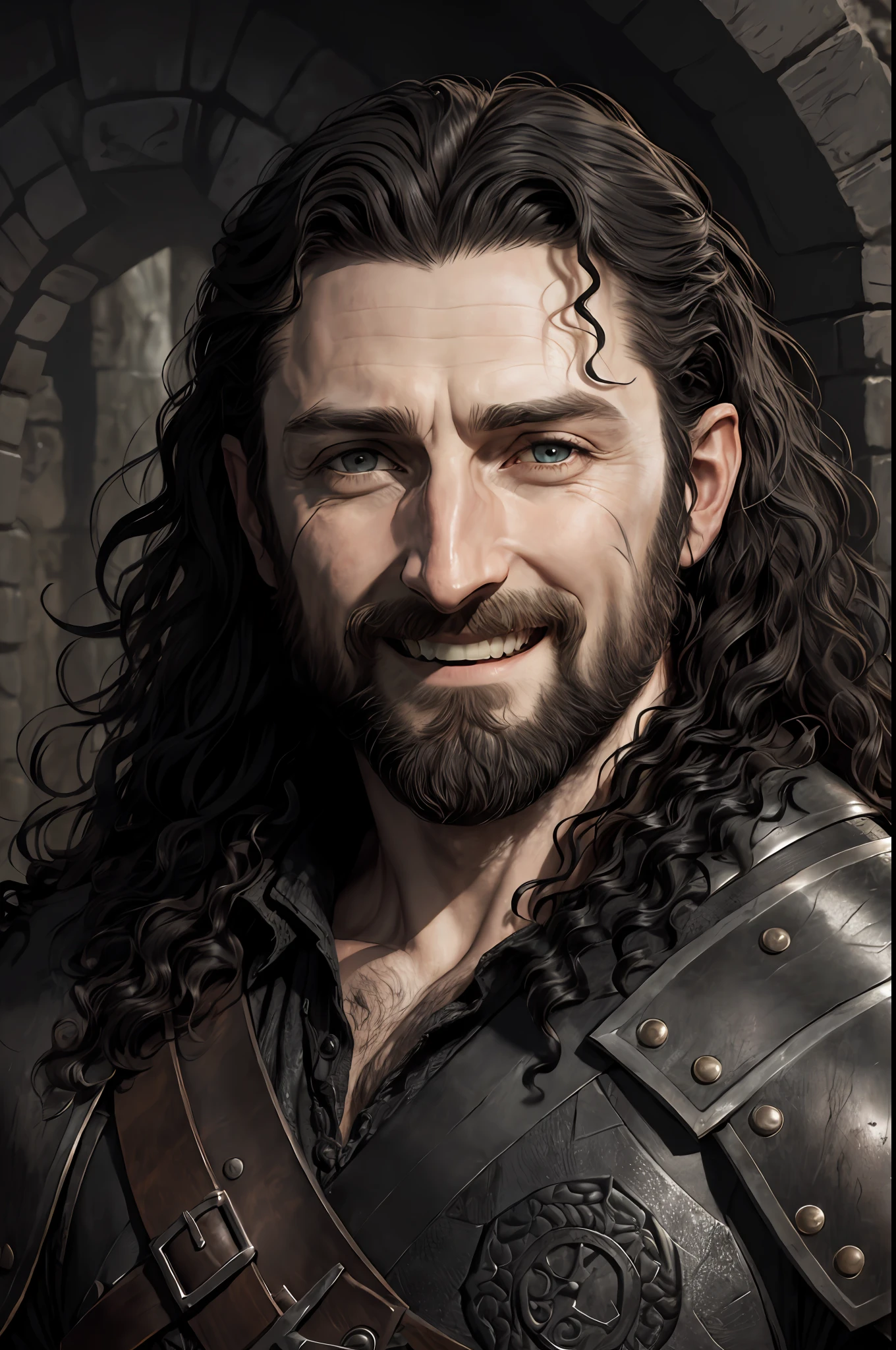 High detail RAW color art, animation, Richard Armitage's face as LOTR's Thorin Oakenshield, smiling, mouth open, happy, Black leather armor, ((( dirty black long and curly hair))